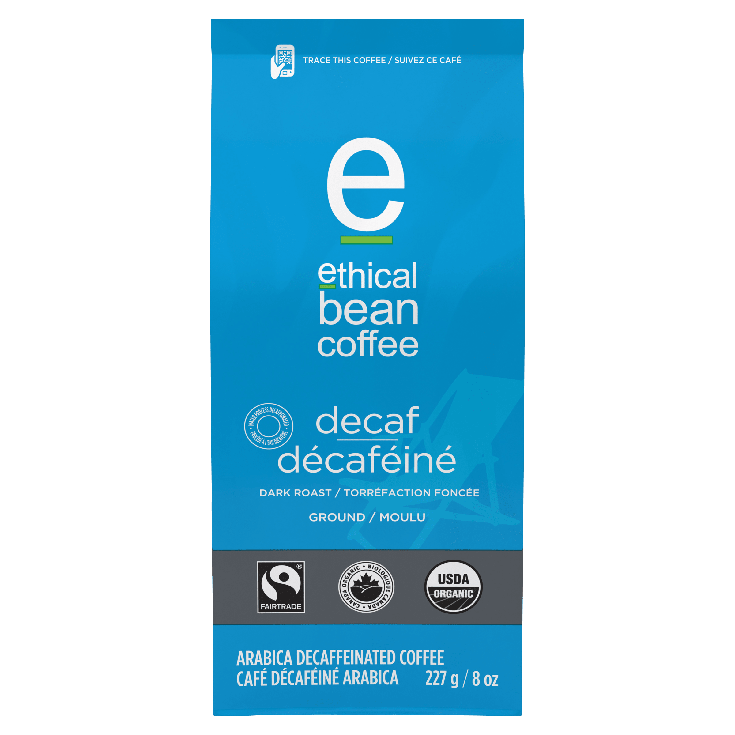 A package of Ethical Bean Coffee's Decaf blend. The bag is vibrant blue, featuring the Ethical Bean Coffee logo. The coffee is a dark roast, ground, decaffeinated, and made with Arabica beans. It is Fairtrade and USDA Organic certified, and also indicates it's decaffeinated using the Swiss Water Process. The weight is listed as 227g or 8 oz.