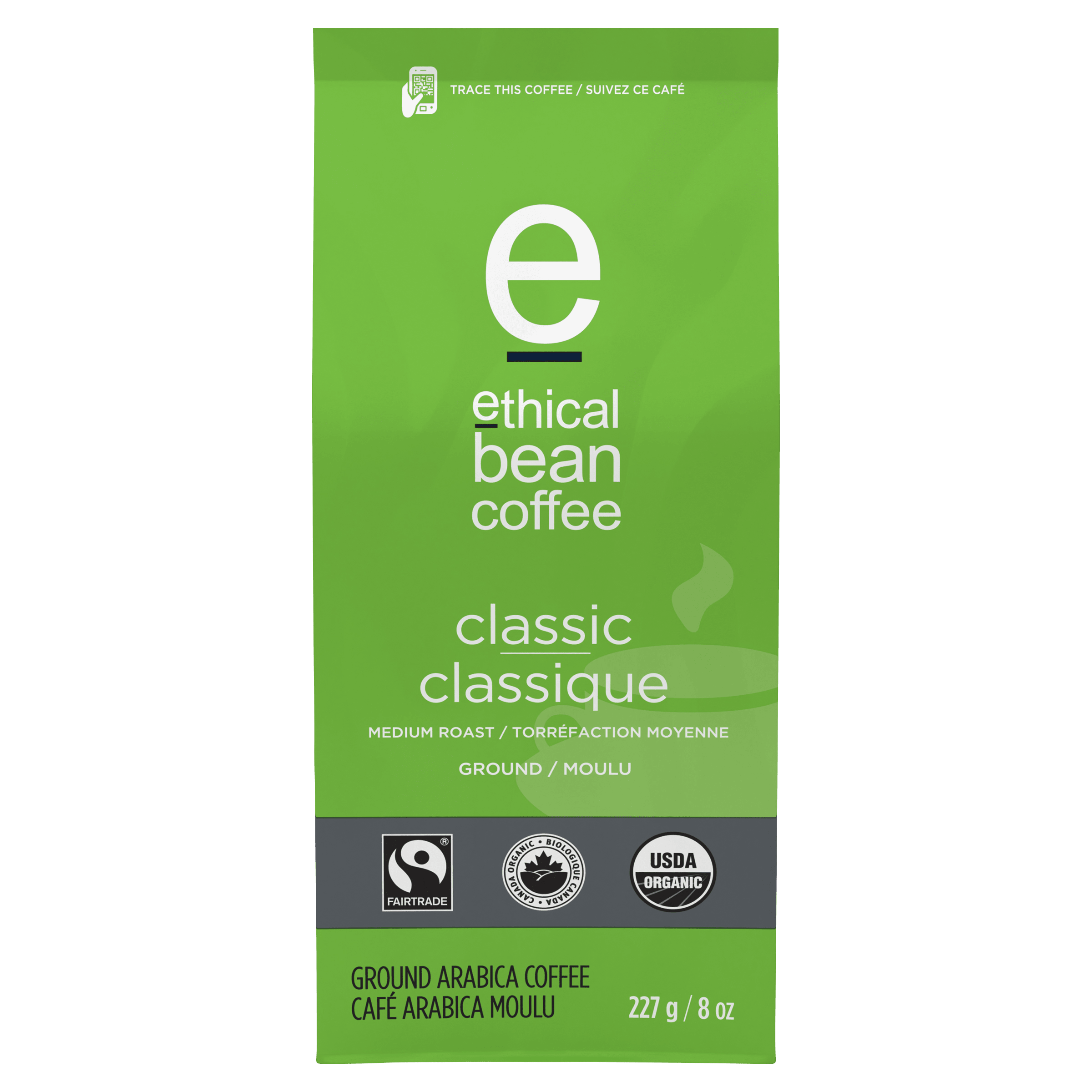 A package of Ethical Bean Coffee's Classic blend. The bag is bright green, with the Ethical Bean Coffee logo prominently displayed. The coffee is described as a medium roast, ground coffee, and made with 100% Arabica beans. It also displays Fairtrade, USDA Organic, and Canada Organic certifications. The weight is listed as 227g or 8 oz.