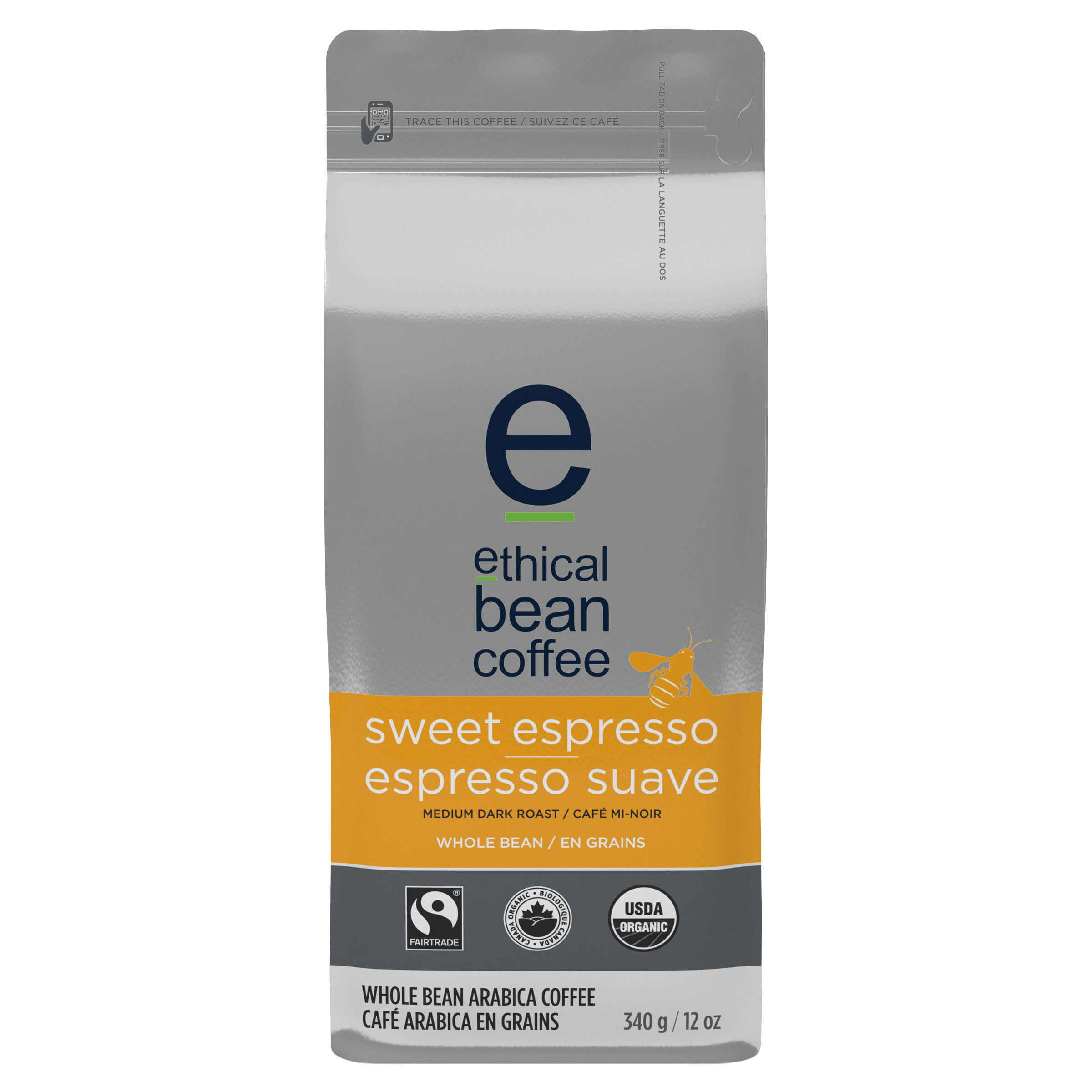 A package of Ethical Bean Sweet Espresso Whole Bean Coffee. The bag is primarily white and gold, with a large, stylized "e" logo. The coffee is a medium dark roast, made with 100% Arabica beans, and is Fairtrade and USDA Organic certified. The bag also features a QR code for traceability.