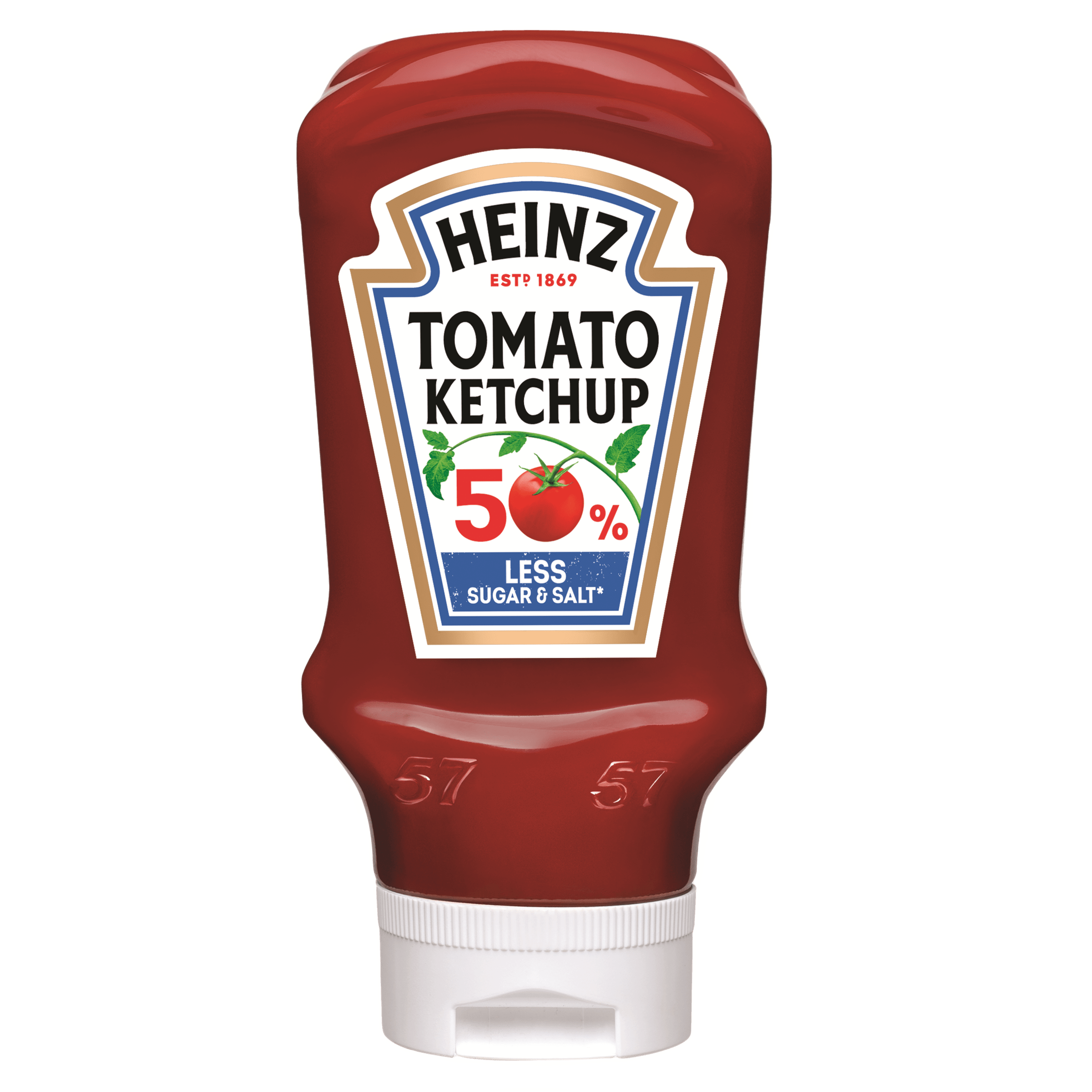 heinz tomato ketchup 50% less sugar & salt 570ml top down