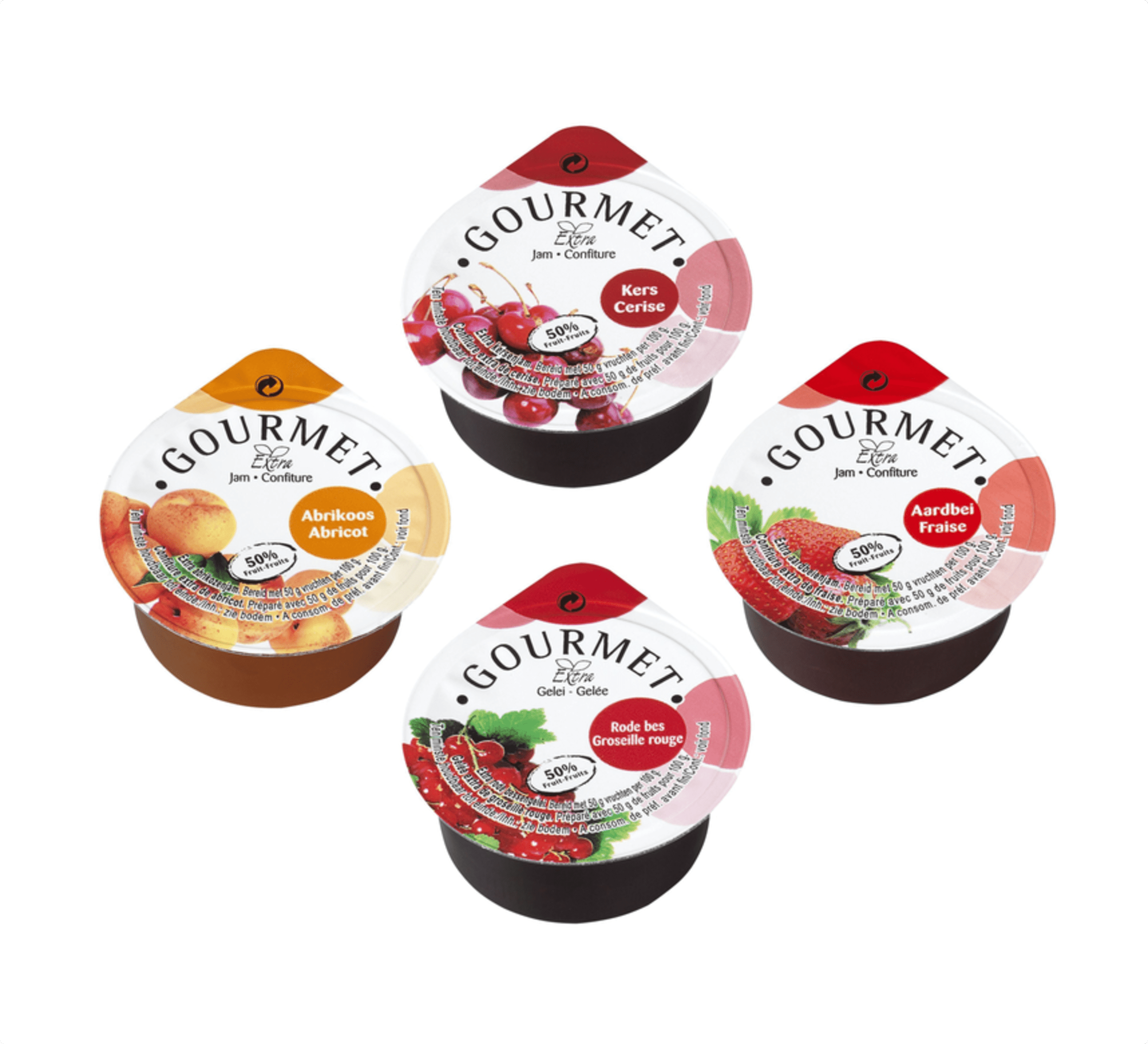 Assortiment  jam: 40 x aardbeien, 20 x abrikozen, 20 x kersen, 20 x rode bes