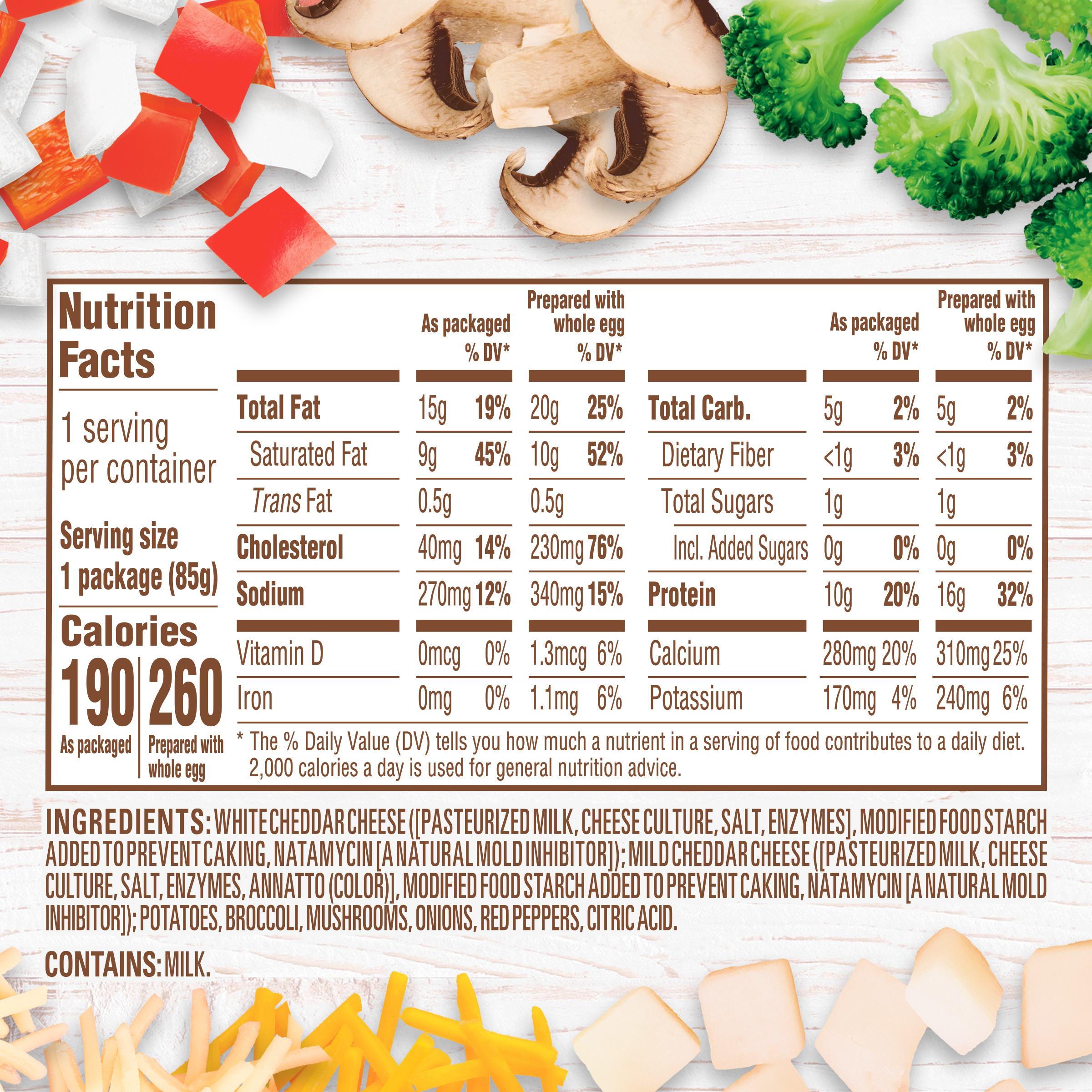 Veggie Scramble Breakfast Bowl Kit with Sharp White Cheddar Cheese, Potatoes, Broccoli, Mushrooms, Onions & Red Peppers