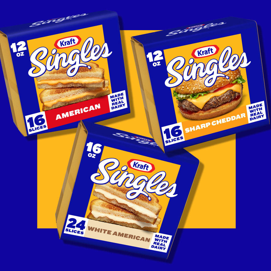 Three packages of Kraft Singles cheese slices, including American, Sharp Cheddar, and White American varieties