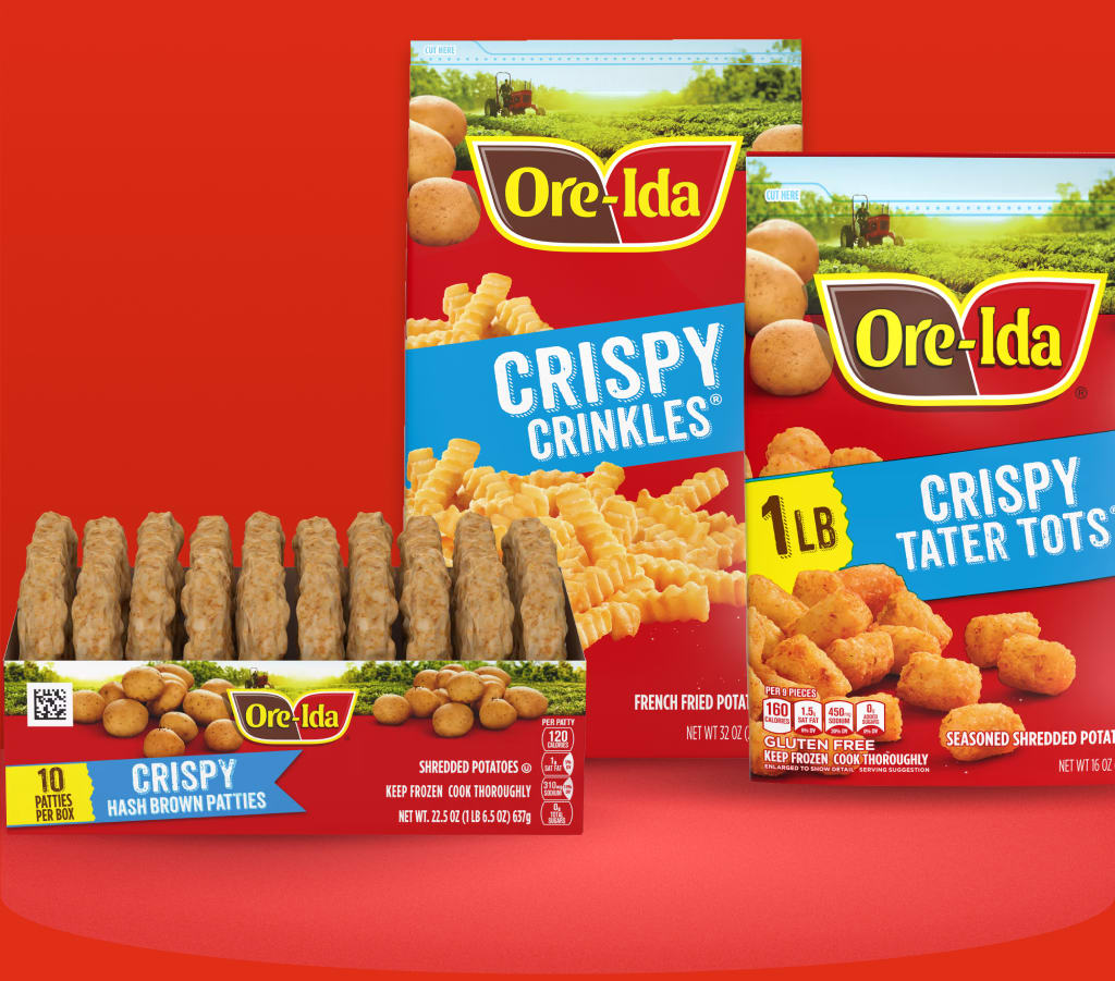 Three Ore-Ida products, including Crispy Crinkles French Fried Potatoes, Crispy Tater Tots, and Crispy Hash Brown Patties