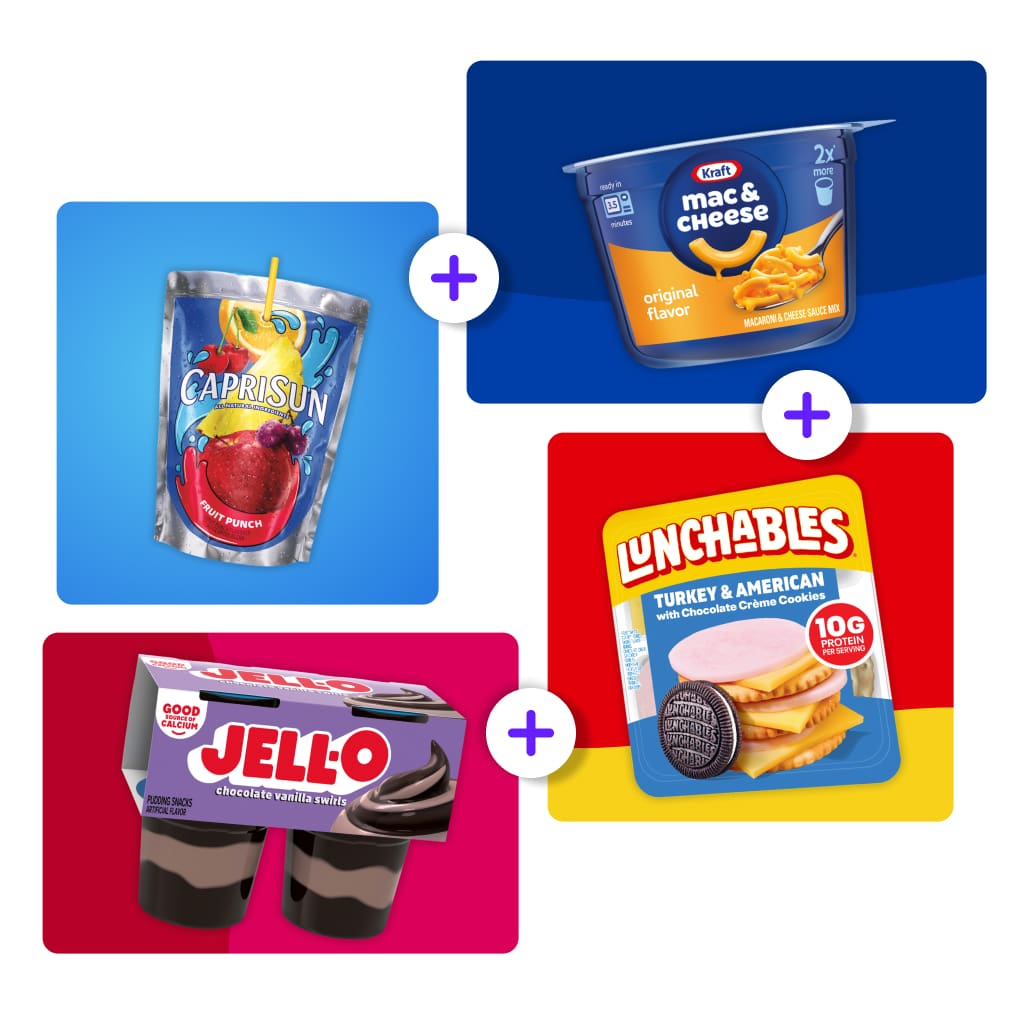 Capri Sun Fruit Punch, Kraft Mac & Cheese, Jell-O Chocolate Vanilla Swirls, and Lunchables Turkey.