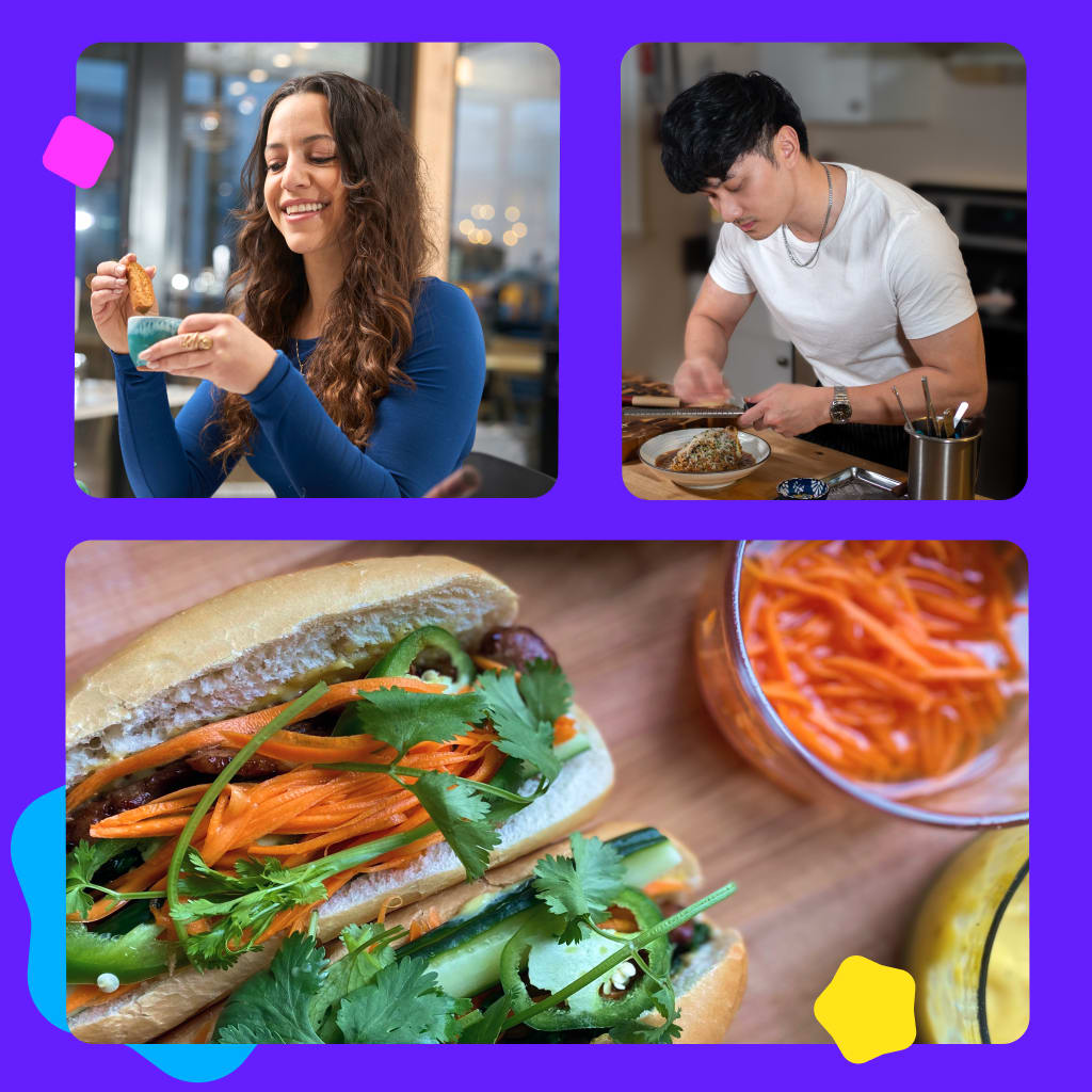Collage of food and people enjoying meals.