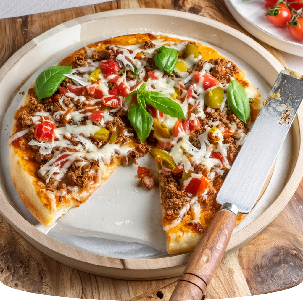 A whole pizza in a pan with a slice removed.