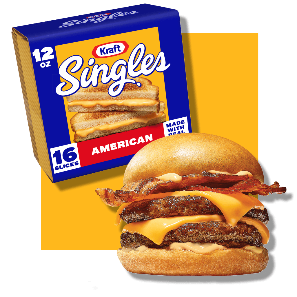 Box of Kraft Singles American Cheese featuring 16 slices. The packaging shows a grilled cheese sandwich image and highlights 