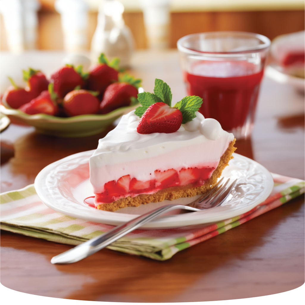 Strawberry pie with whipped cream and mint on a plate.