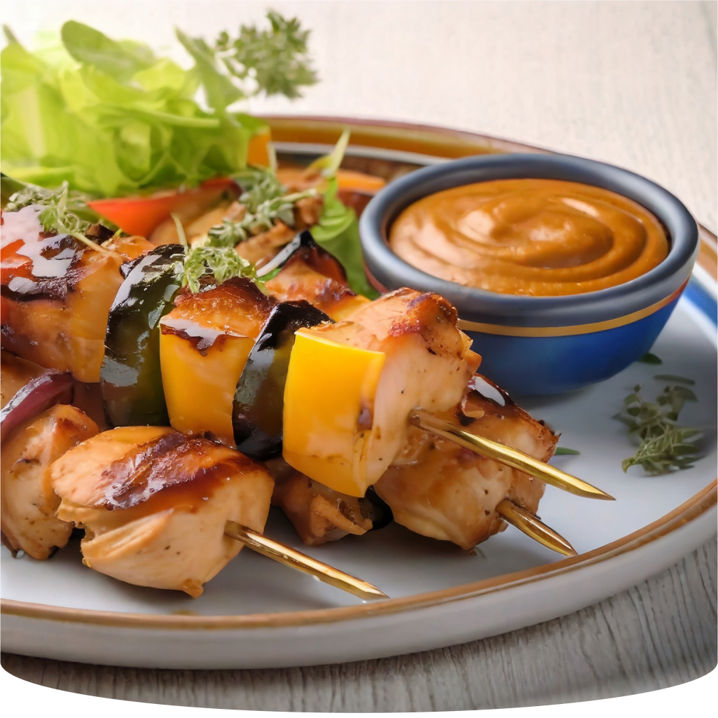 Chicken skewers with vegetables and dip.