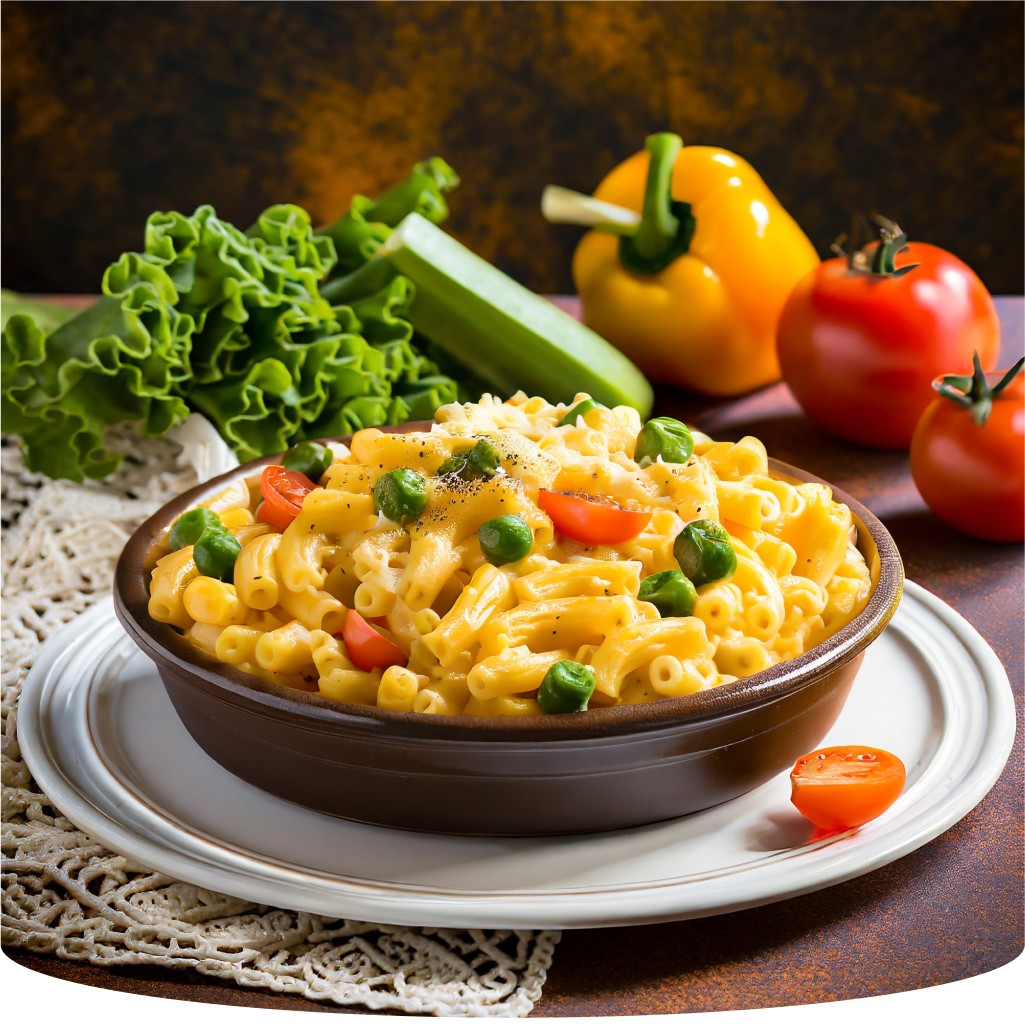 Bowl of macaroni and cheese with vegetables.