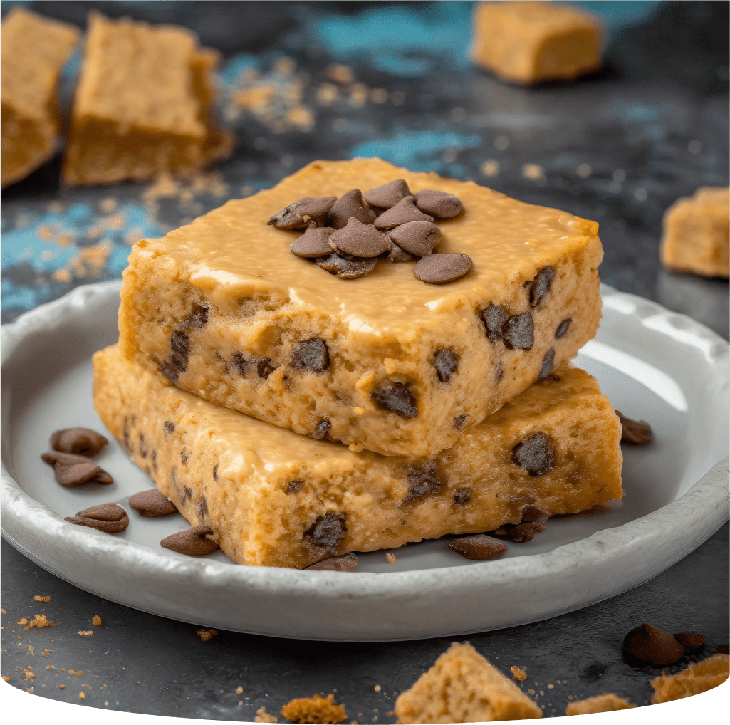 Stacked chocolate chip cookie squares on a plate.