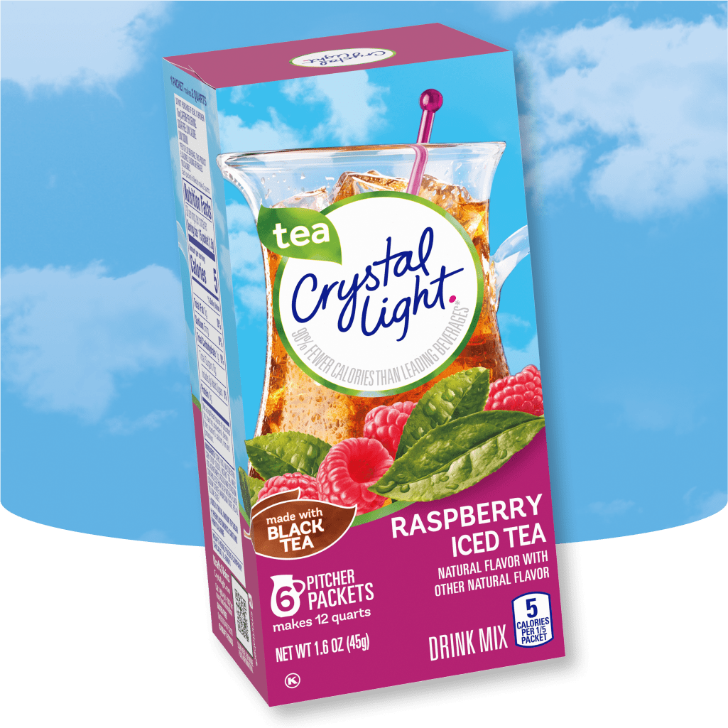 Box of Crystal Light iced tea mix on a pink background. The packaging shows a glass of iced tea with ice cubes, a straw, and 