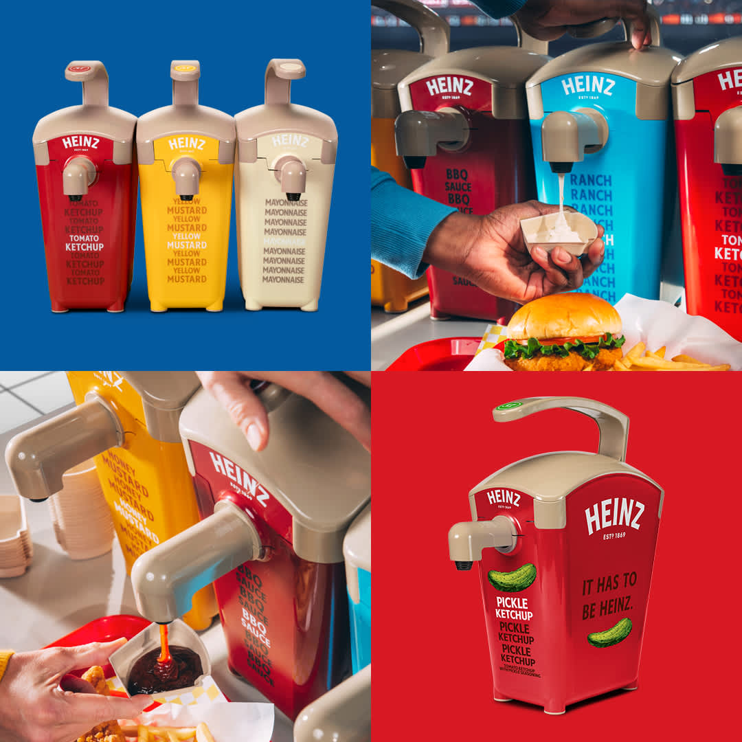 A collage of Heinz sauce dispensers, featuring Ketchup, Yellow Mustard, Mayonnaise, BBQ Sauce, and Pickle Ketchup.