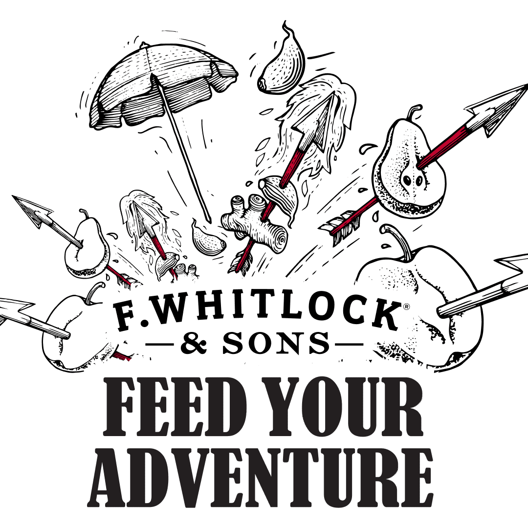 A stylized lockup of F. Whitlock & Sons with arrows piercing different fruits and vegetables.