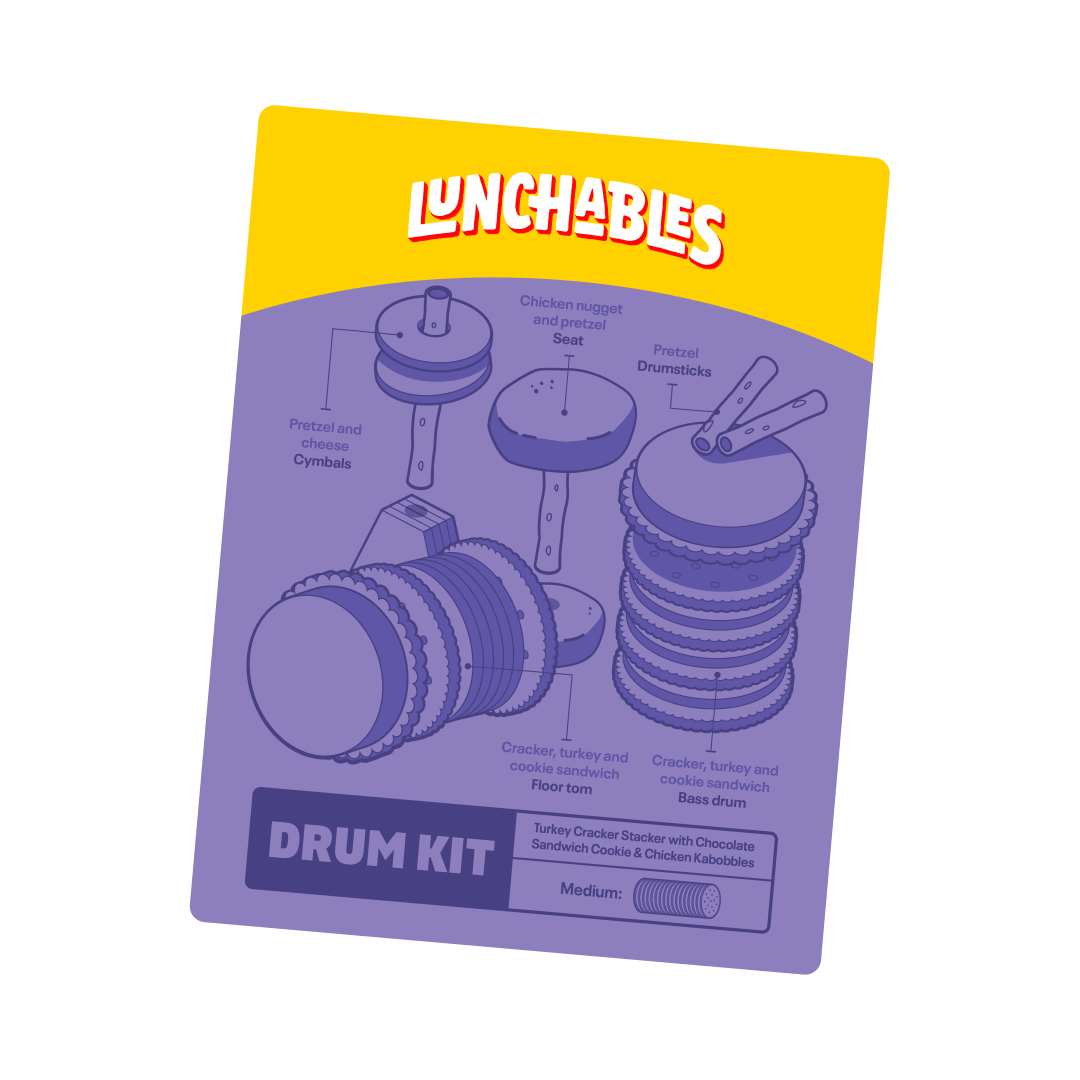 Illustration of a Lunchables drum kit made of food items.