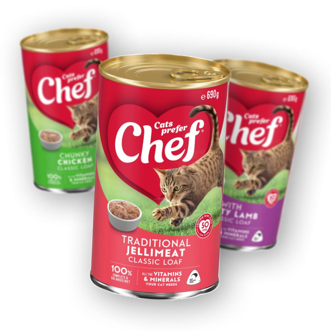 Three cans of Cats Prefer Chef cat food on a white background.