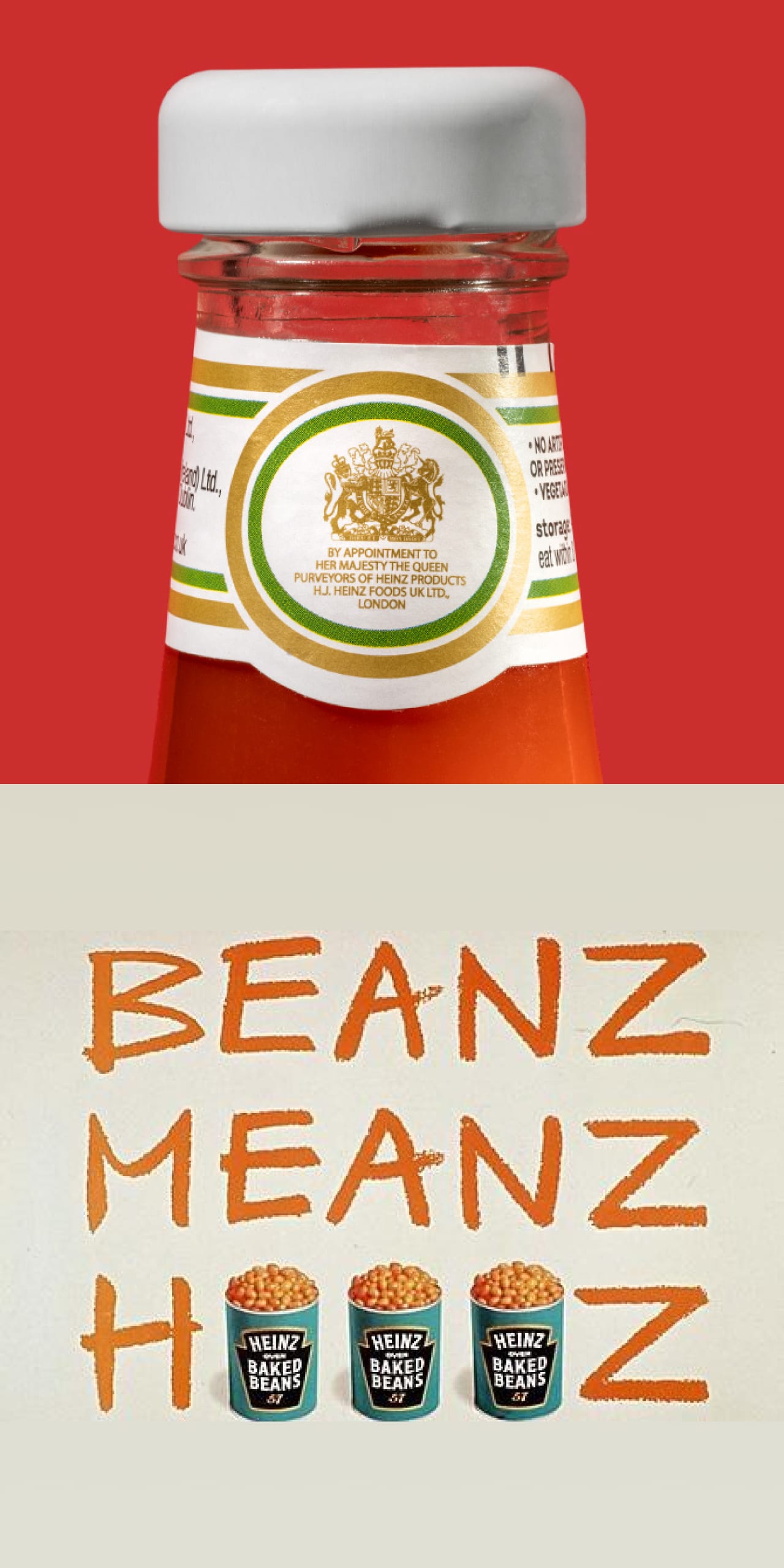 A close up on the Royal Seal on the Heinz ketchup bottle.
An old Heinz Beans advertisement.