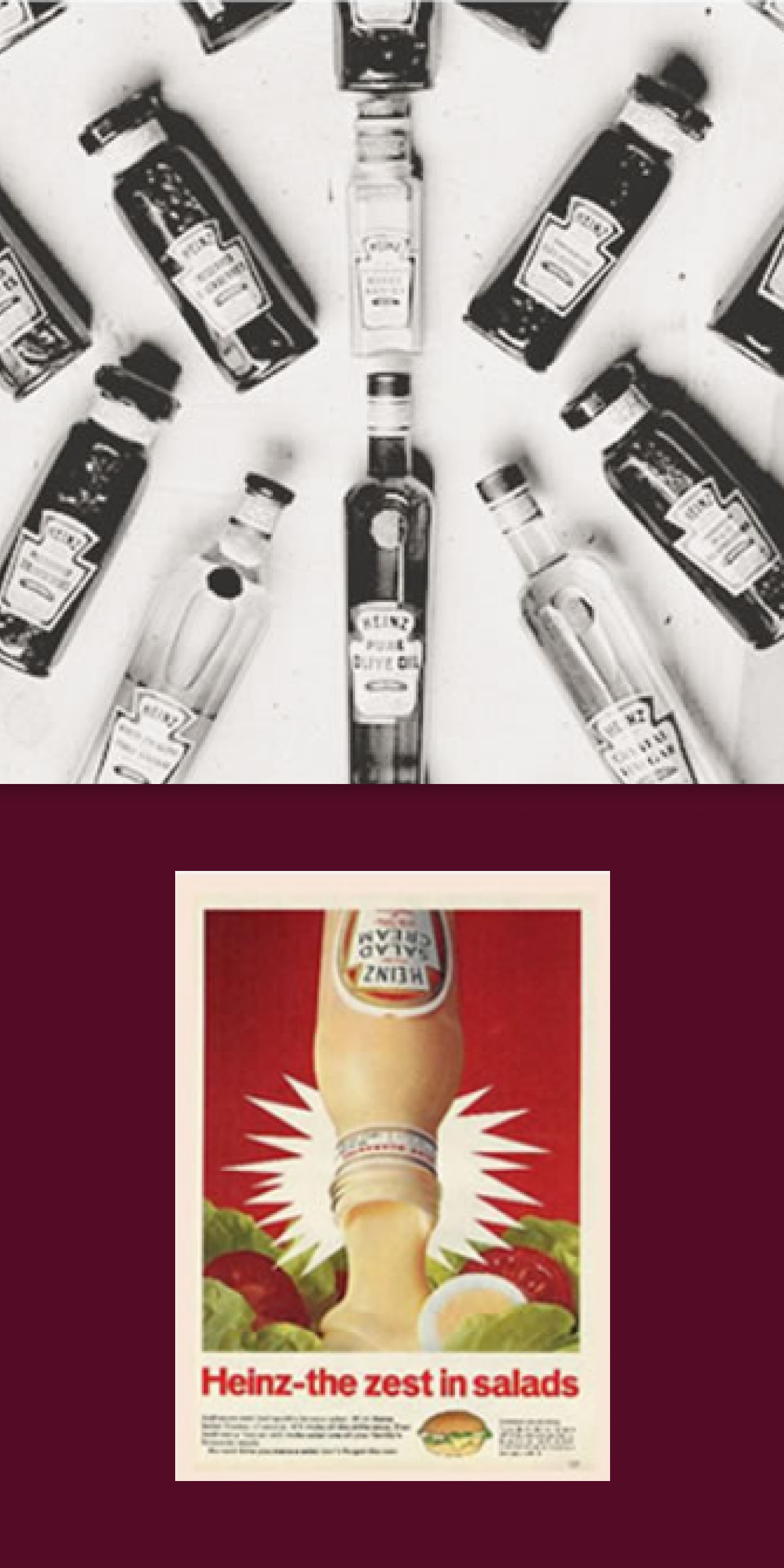 Una fotografía histórica de botellas anticuadas de Heinz.
Un antiguo anuncio de revista coloreado de Heinz Salad Cream.