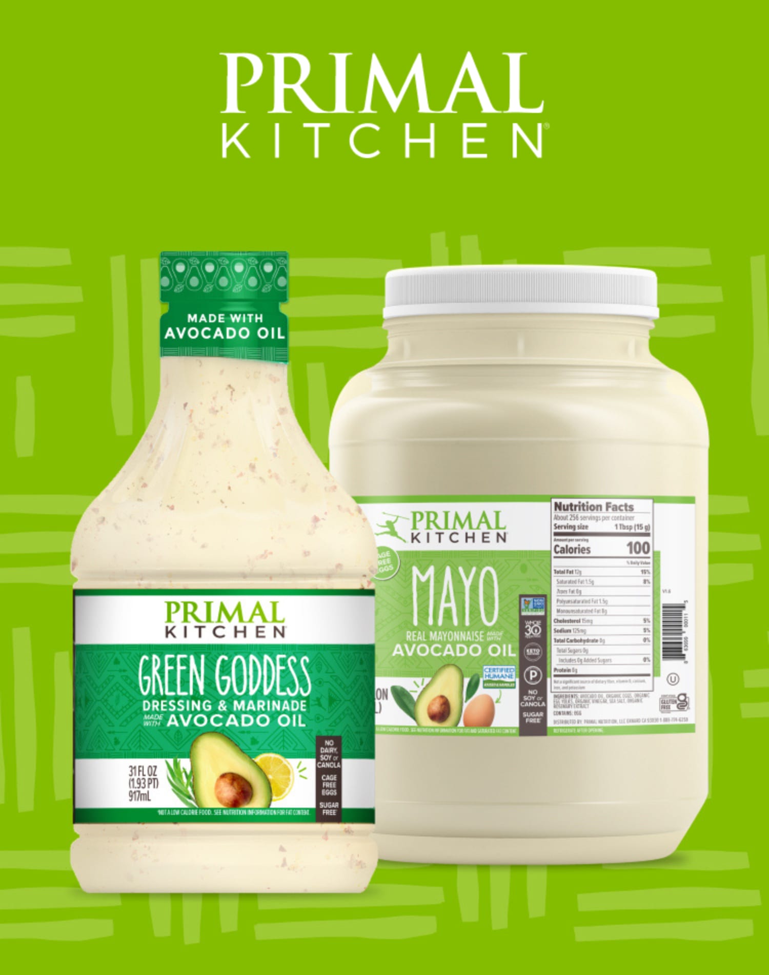 Primal Kitchen Mayo and Green Goddess Dressing made with avocado oil, displayed with a healthy sandwich, salad, and avocado.