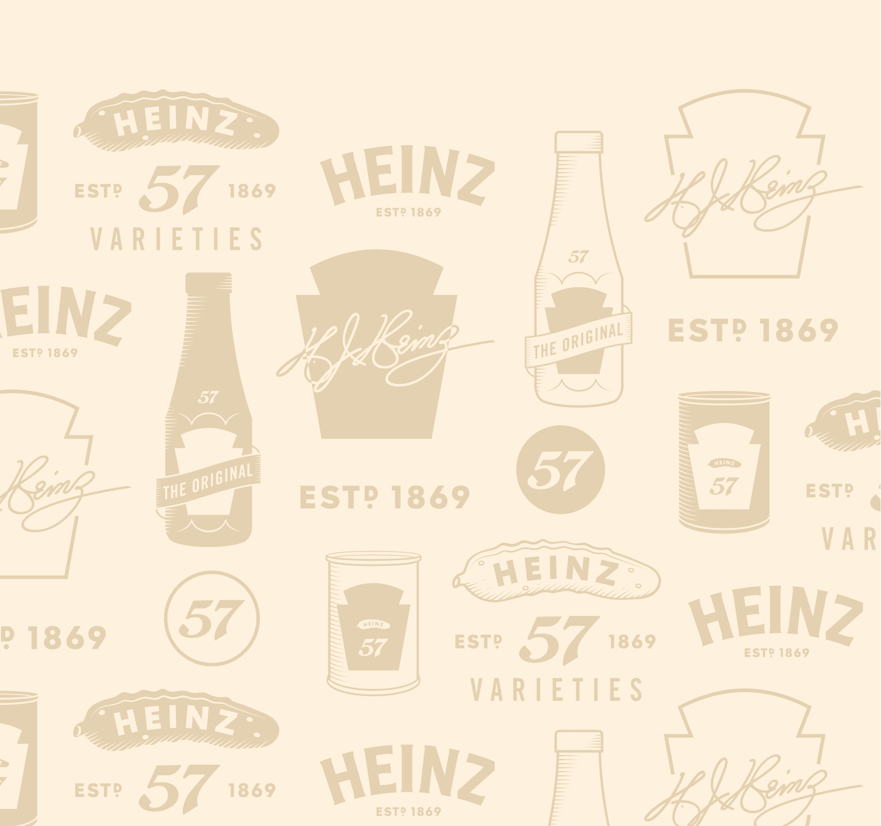 A collection of various Heinz brand assets in a monochromatic beige color scheme against a light beige background. The assets include the Heinz keystone logo, the "57 Varieties" emblem, the H.J. Heinz signature, illustrations of Heinz ketchup bottles and cans, and the year of establishment, 1869.