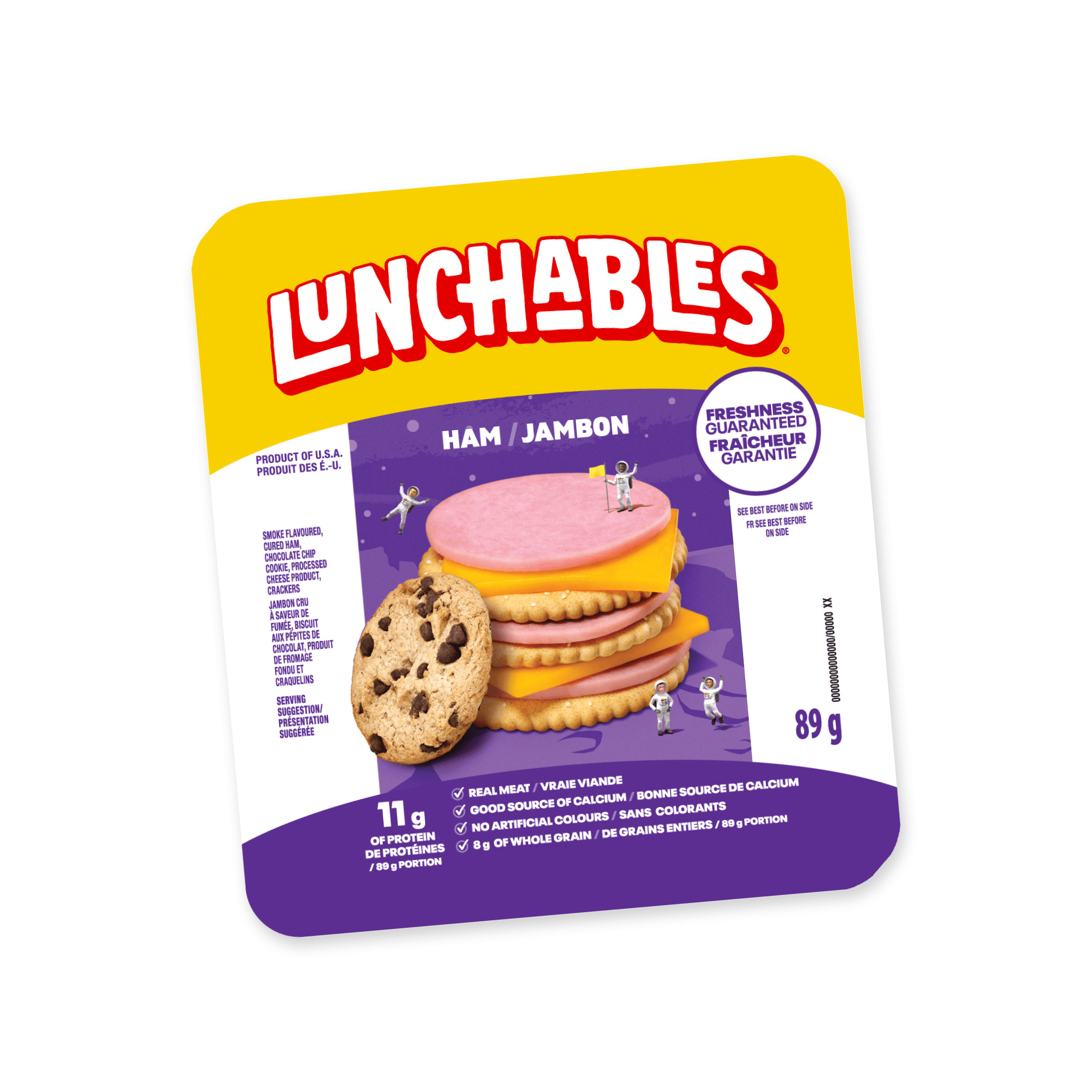 Lunchables Ham package featuring ham, cheese, crackers, and a chocolate chip cookie.