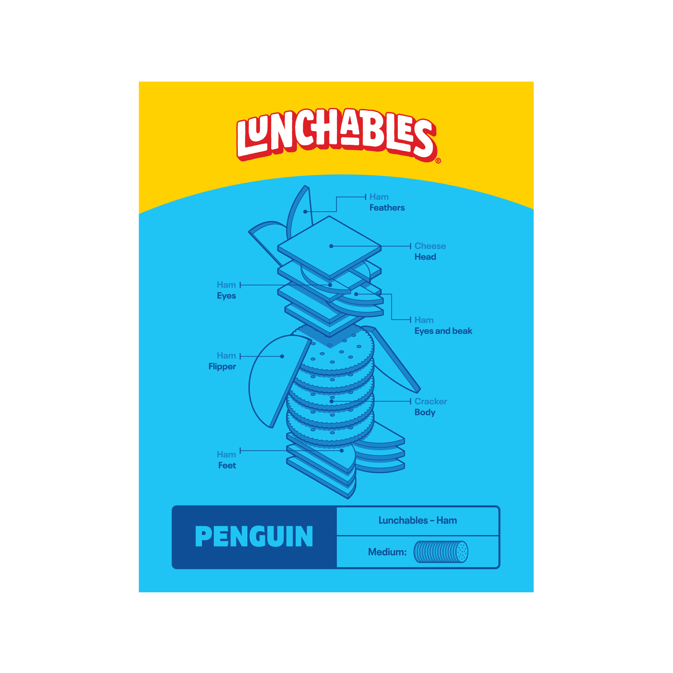 Penguin made of Lunchables ham, cheese, and crackers.