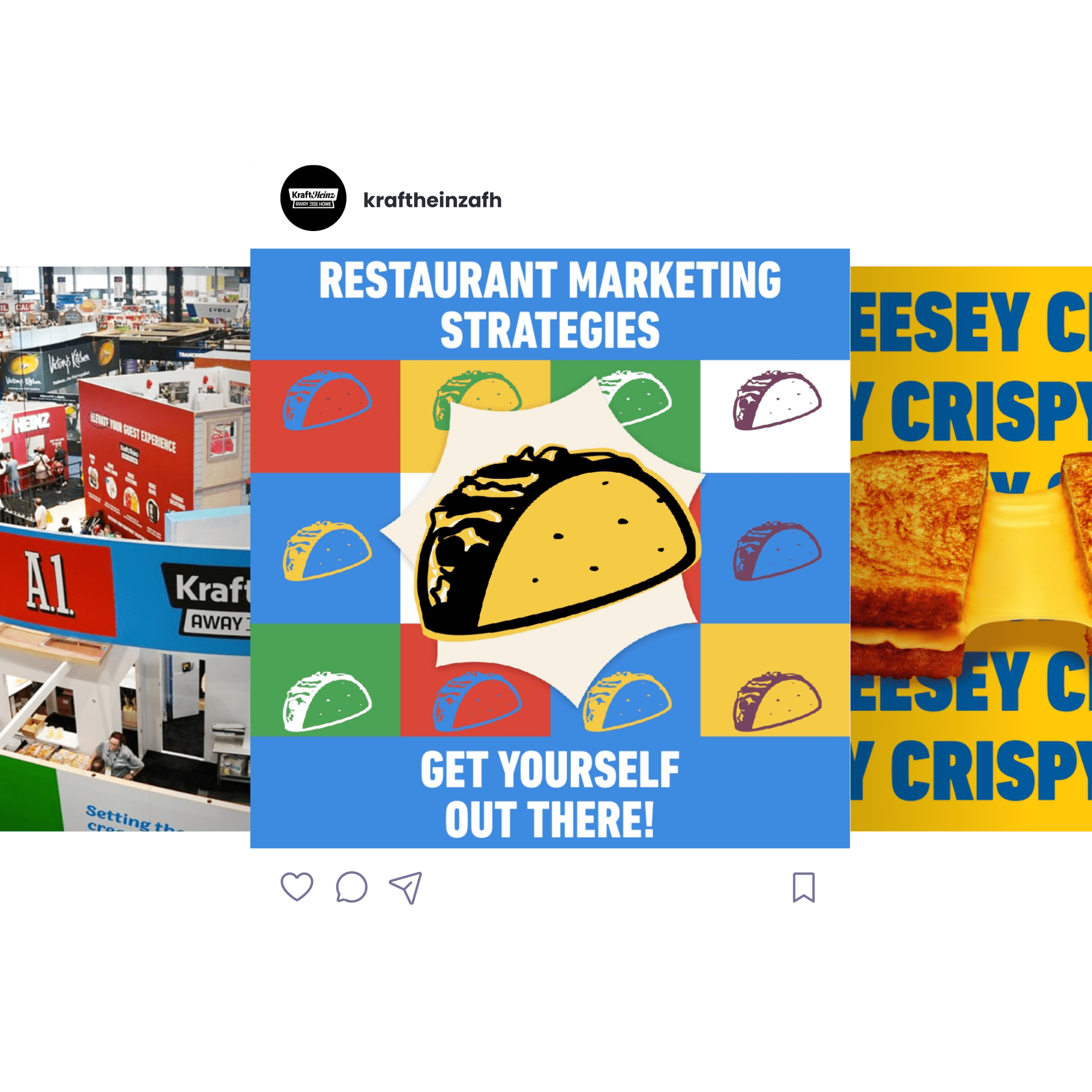 Kraft Heinz trade show booth, social media post on restaurant marketing, and creative food content, representing diverse mark