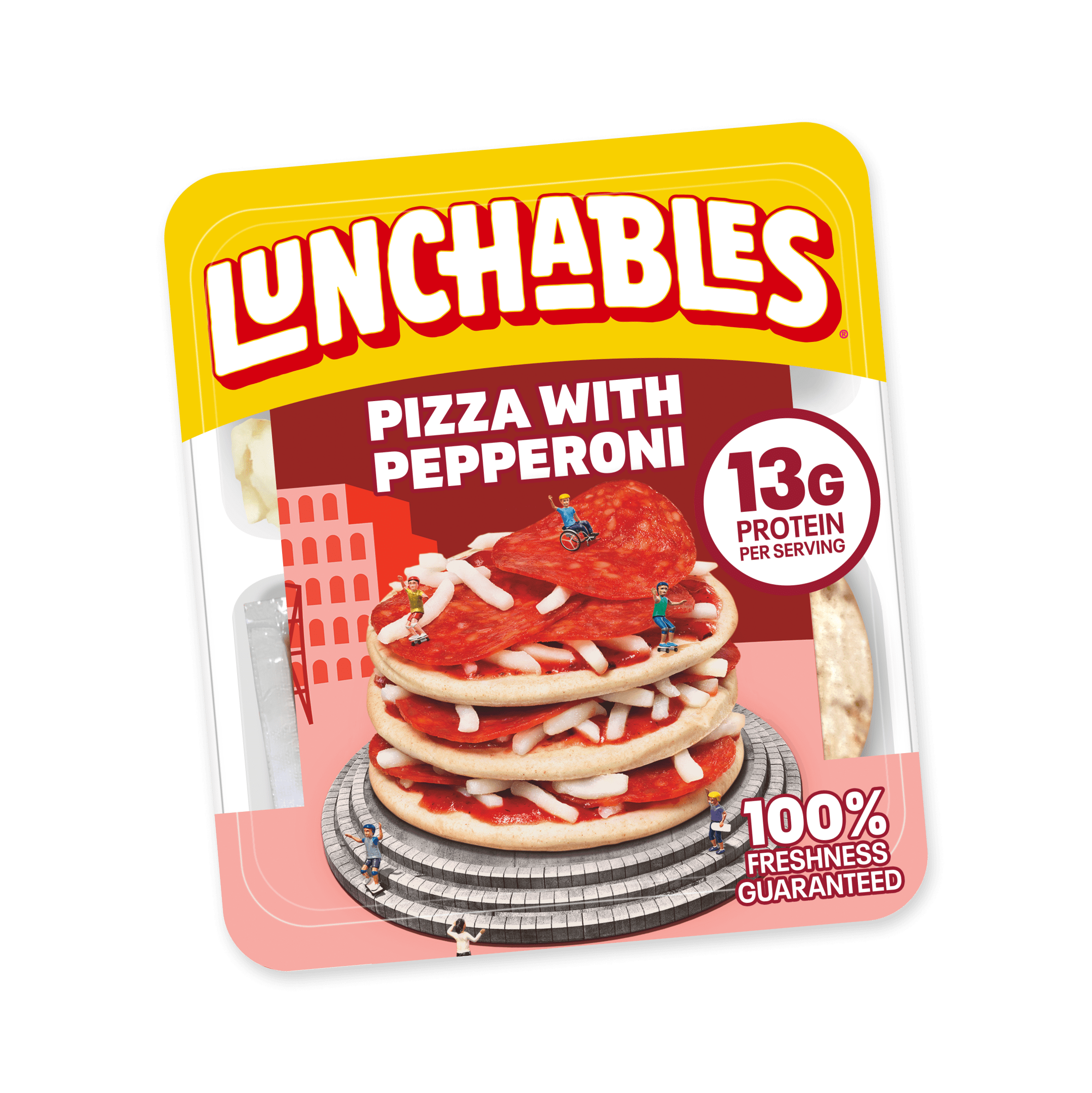 Lunchables Pizza with Pepperoni package. Stacked pizzas with tiny people on top.