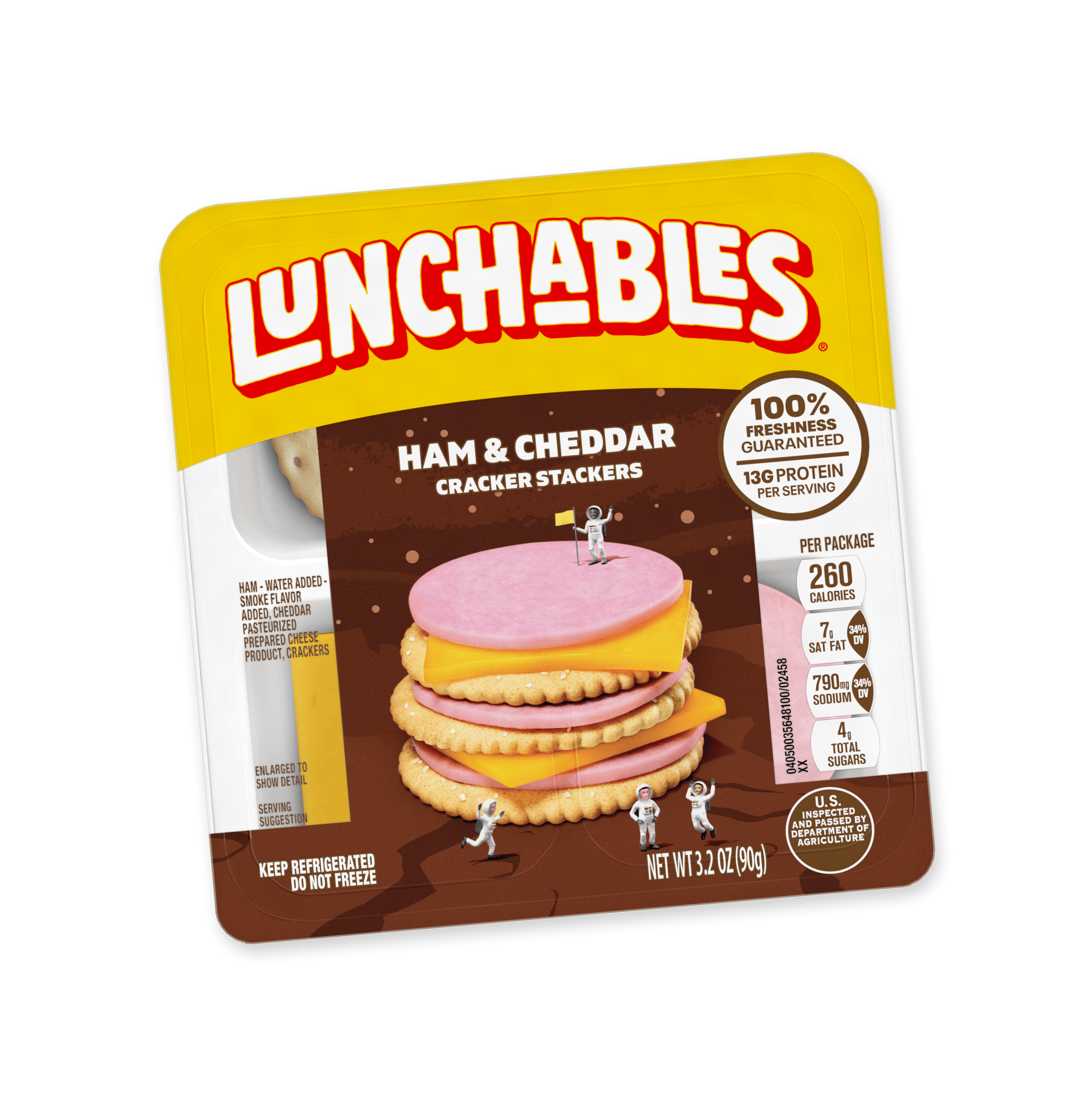 Lunchables Ham & Cheddar Cracker Stackers featuring ham, cheddar cheese, and crackers.