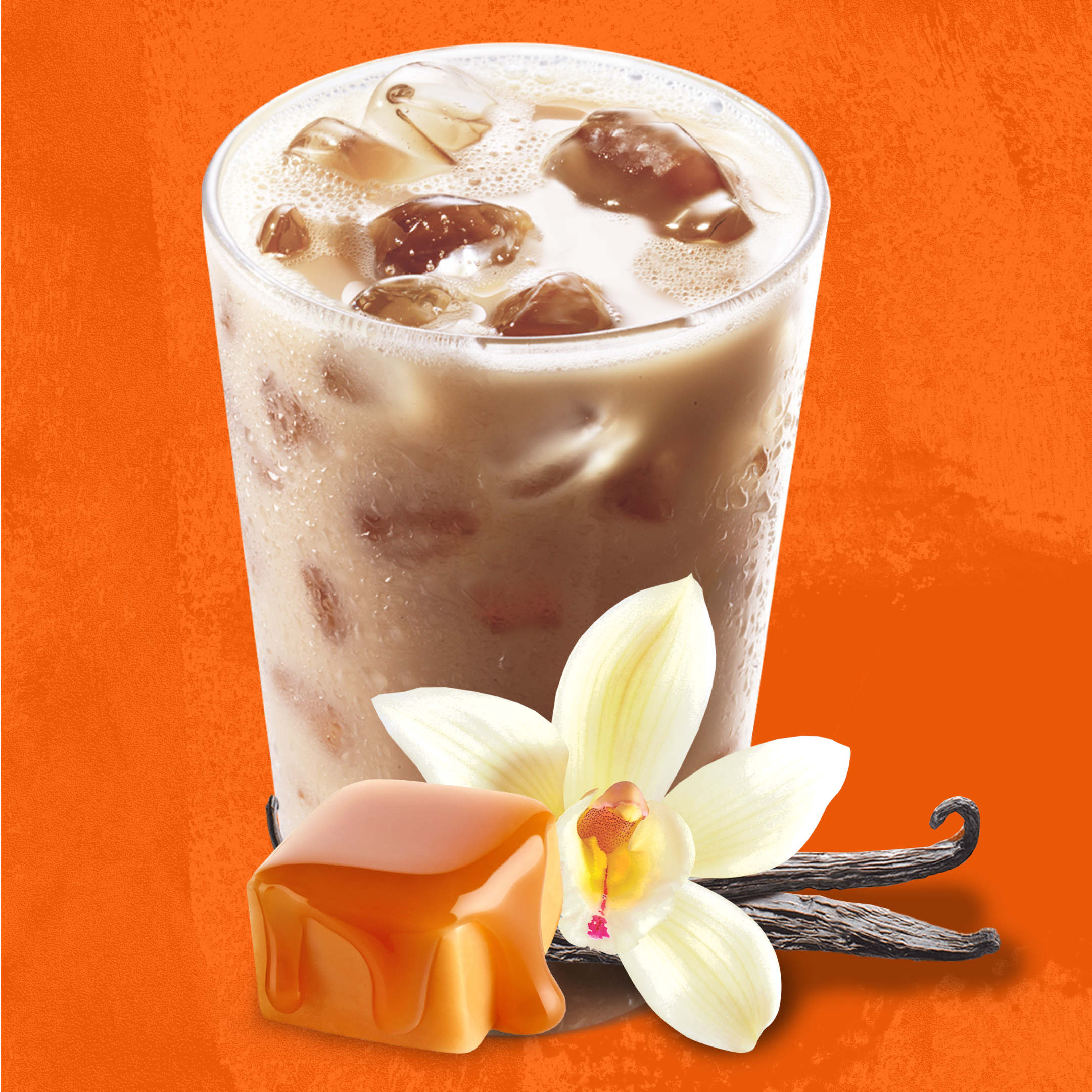 Iced coffee with caramel, vanilla flower. Refreshing Maxwell House coffee.