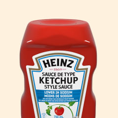 Top-down view of a Heinz Lower Sodium Ketchup Style Sauce bottle.