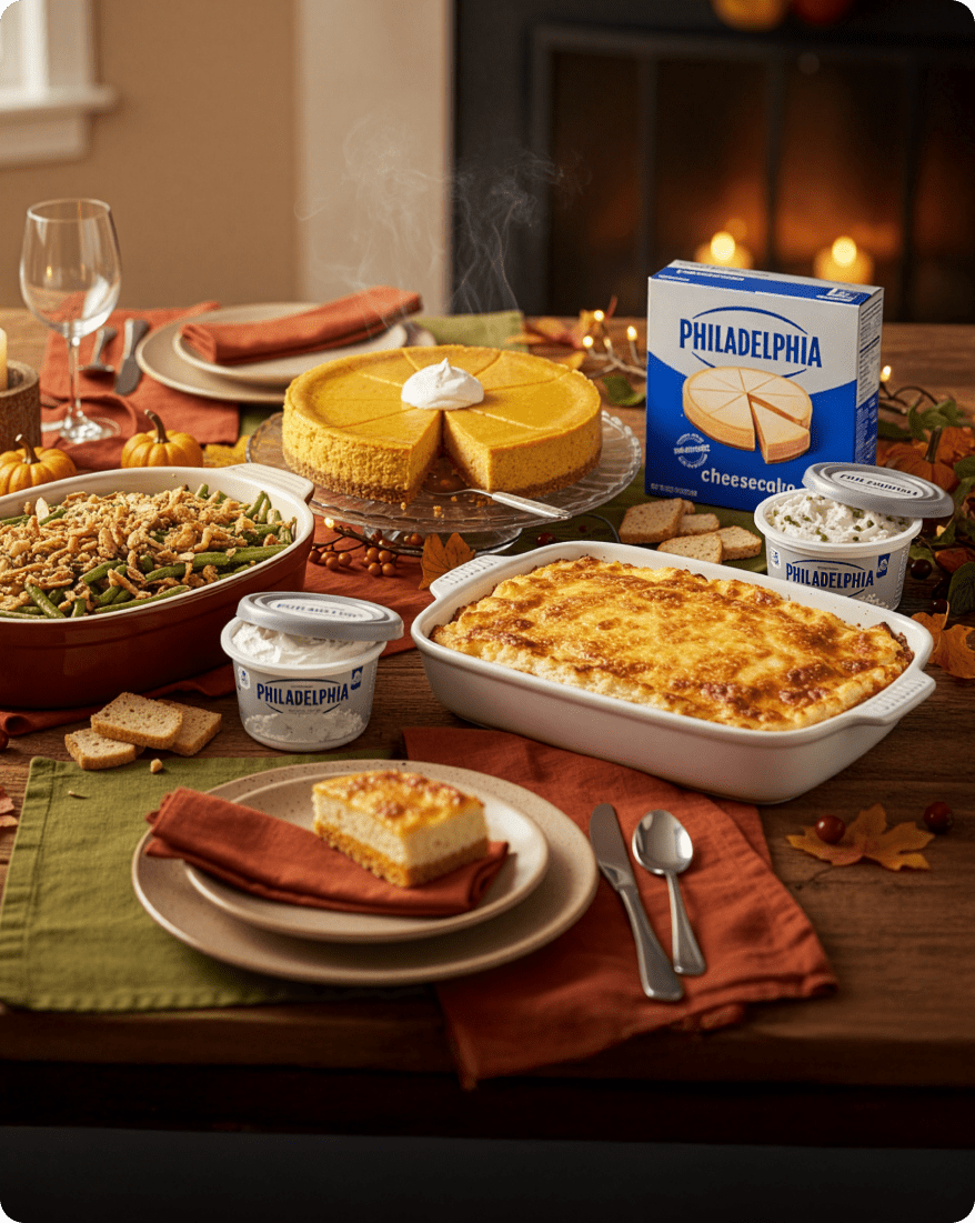 A cozy autumn table setting with pumpkins, candles, and dishes including green bean casserole, cheesecake, and baked pasta.