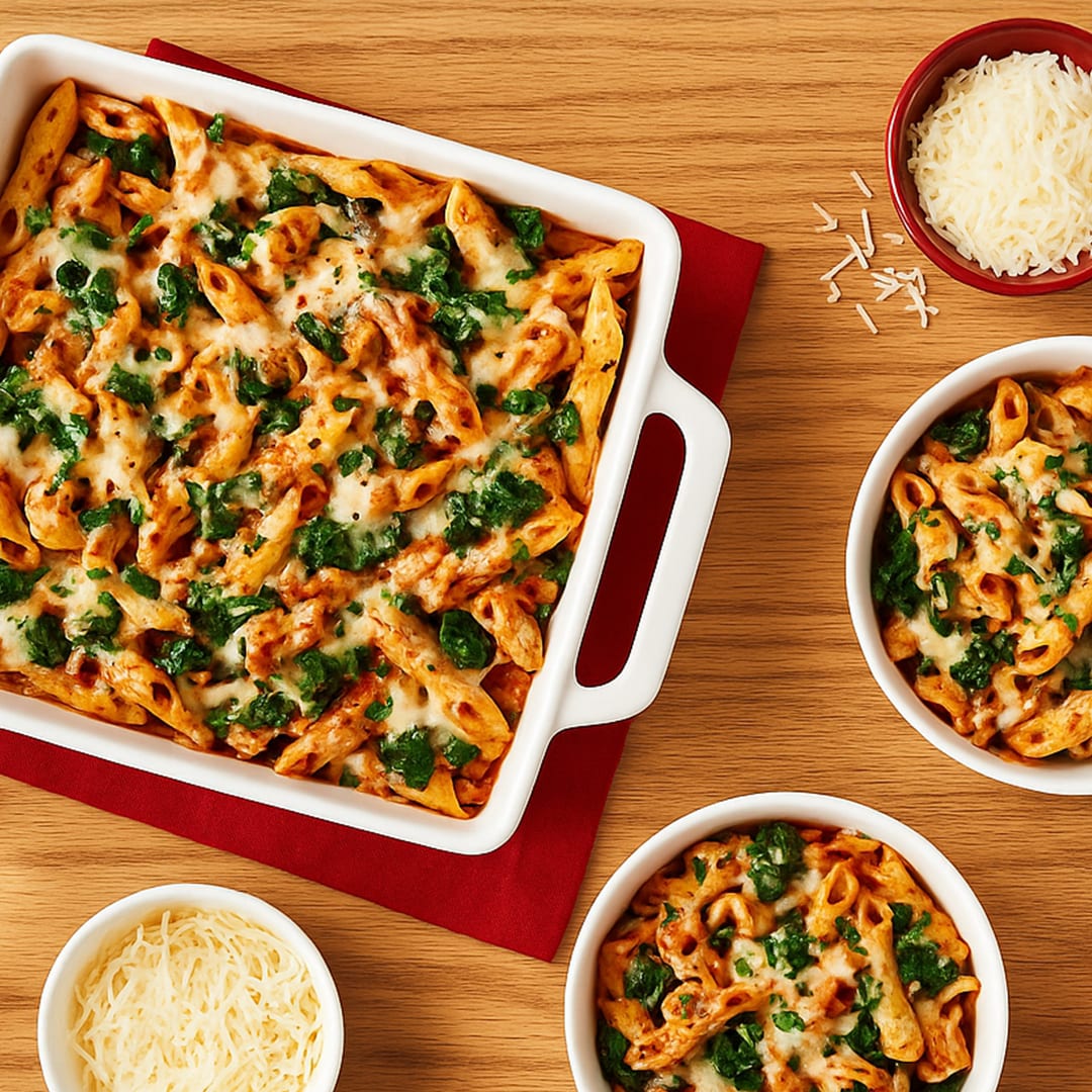 Une vue de dessus d'un délicieux gratin de penne au poulet et aux trois fromages. Le plat principal est un plat de cuisson rectangulaire blanc rempli de pennes dans une riche sauce tomate, garni de fromage doré fondu et d'épinards frais. La casserole repose sur une serviette rouge sur une table en bois. Deux portions individuelles sont servies dans des bols blancs plus petits, et des bols de parmesan râpé sont prêts à être saupoudrés. L'image dépeint un repas familial chaleureux, copieux et satisfaisant.