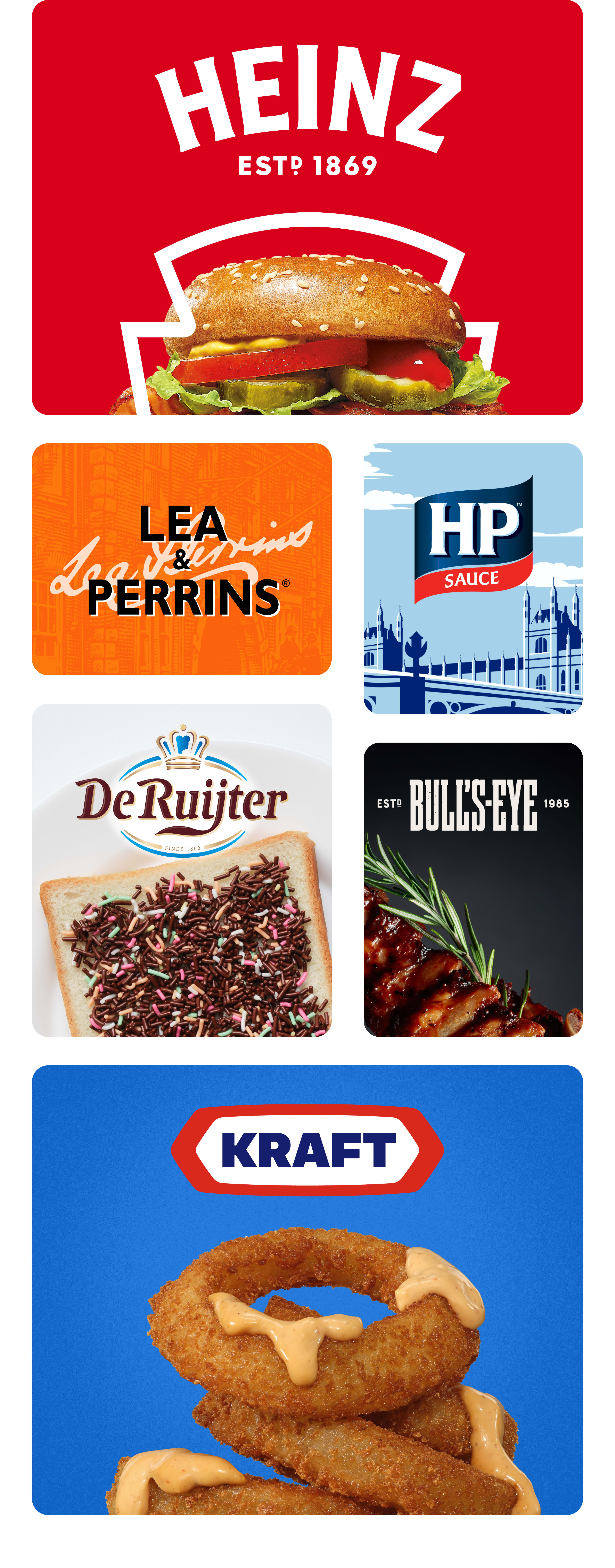 Bilder verschiedener Lebensmittelmarken: Heinz, Kraft, HP, De Ruijter, Lea & Perrins, Bull's-Eye.