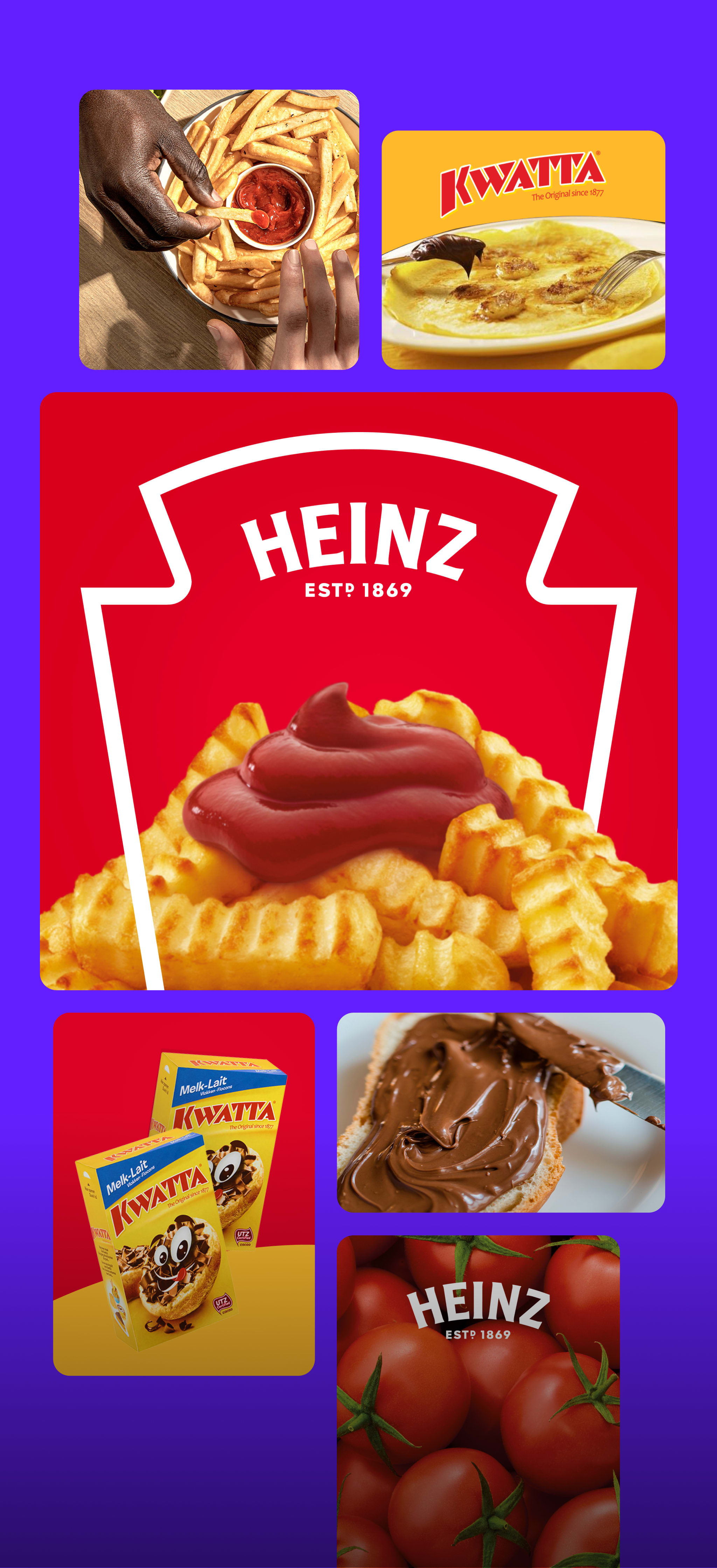 Een collage van voedingsproducten: Heinz Ketchup, Kwatta chocolade en diverse gerechten.