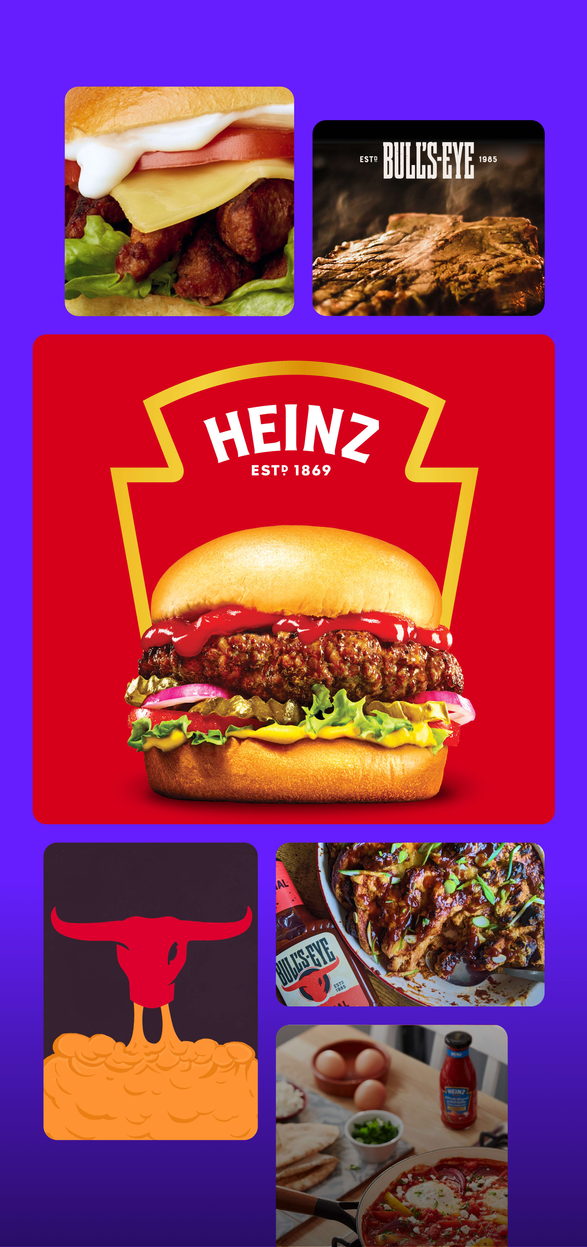 Collage af mad med Heinz og Bull's-Eye logoer.