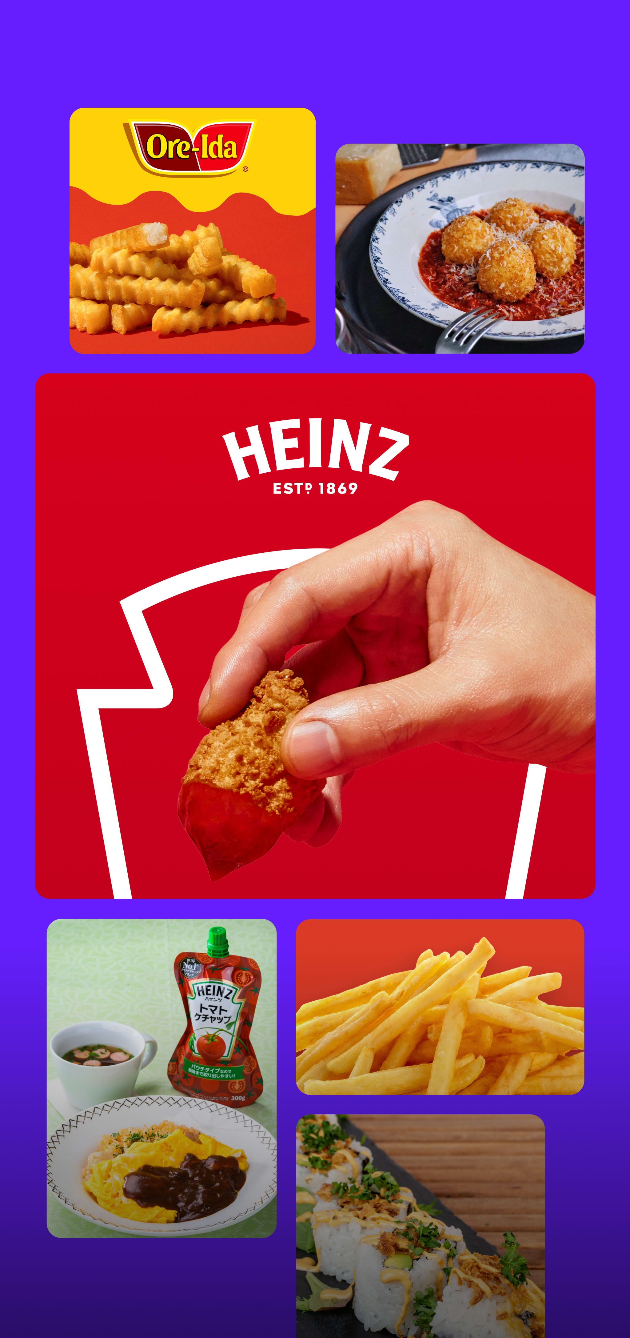 ハインツとオレアイダの製品と様々な食品のコラージュ。