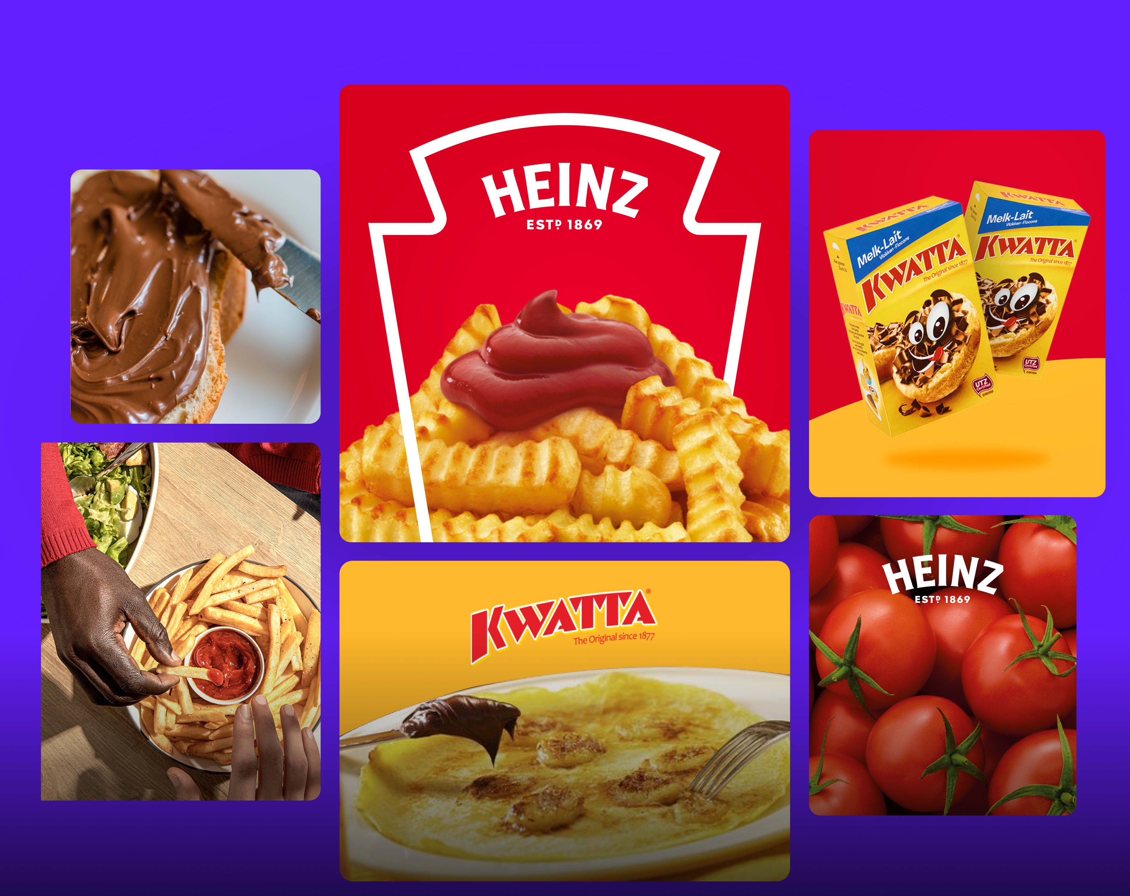 Een collage van voedingsproducten: Heinz Ketchup, Kwatta chocolade en diverse gerechten.