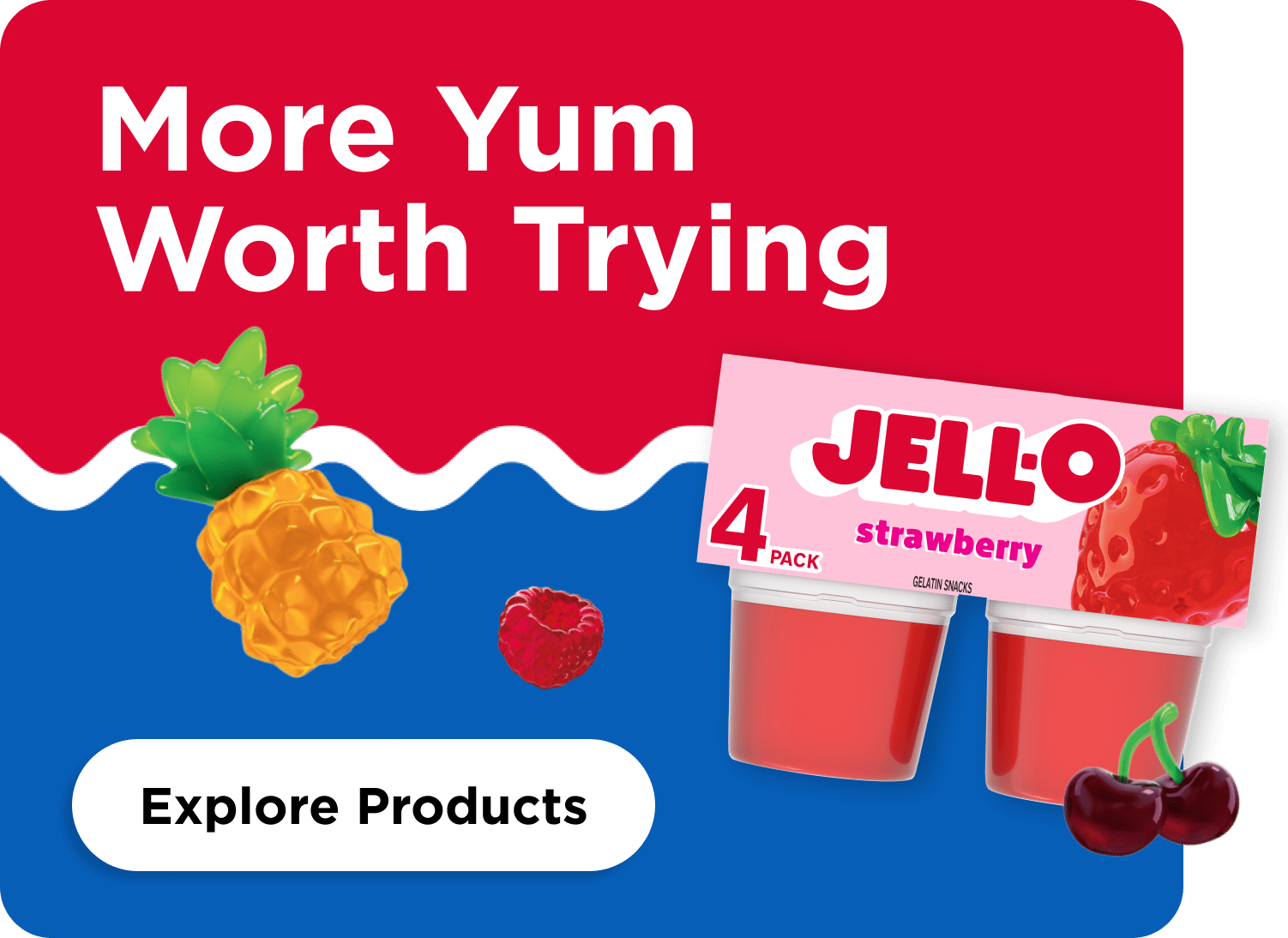 Jell-O Strawberry gelatin 4-pack with pineapple, raspberries, blueberries, and cherries on a vibrant blue and red background.