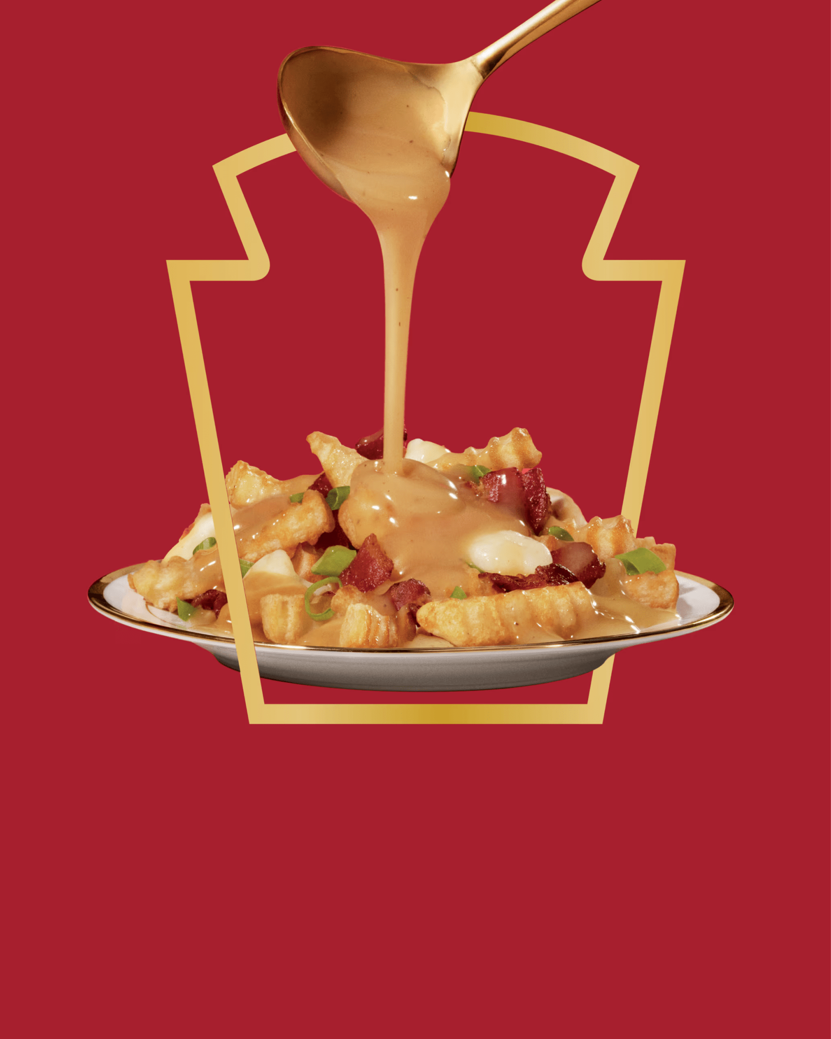 A golden spoon pours gravy over a poutine dish, consisting of french fries, cheese curds, bacon bits, and scallions, served on a white plate with a gold rim. A stylized gold outline of the Heinz keystone logo is in the background, which is a solid red color.