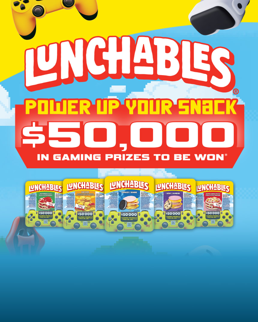 Advertisement for Lunchables Power Up Your Snack contest with $50,000 in gaming prizes.