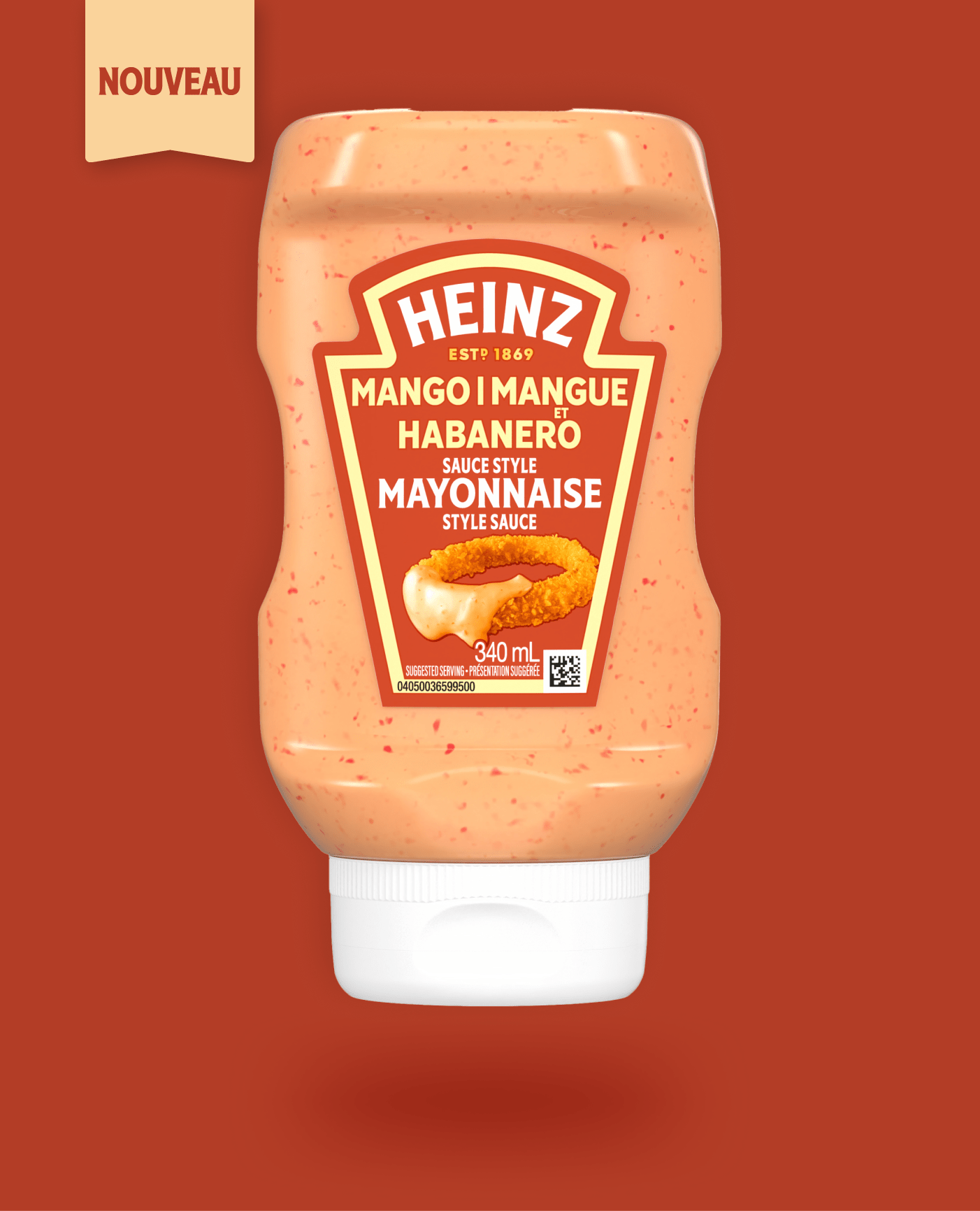 Une bouteille individuelle de sauce style mayonnaise Heinz Mangue Habanero.