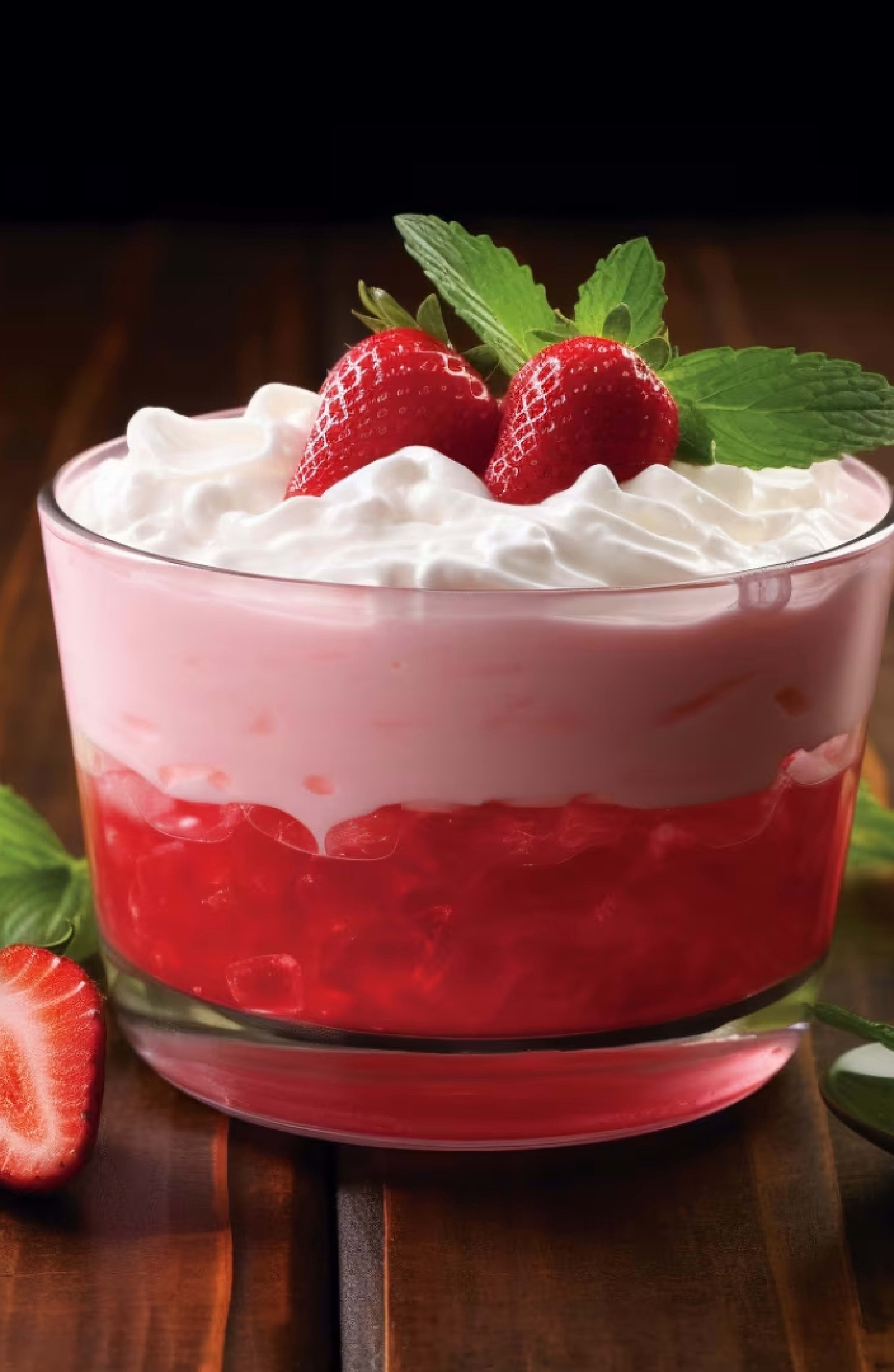 A layered Jell-O parfait with strawberry gelatin, whipped cream, and fresh strawberries, an easy and kid-friendly dessert.