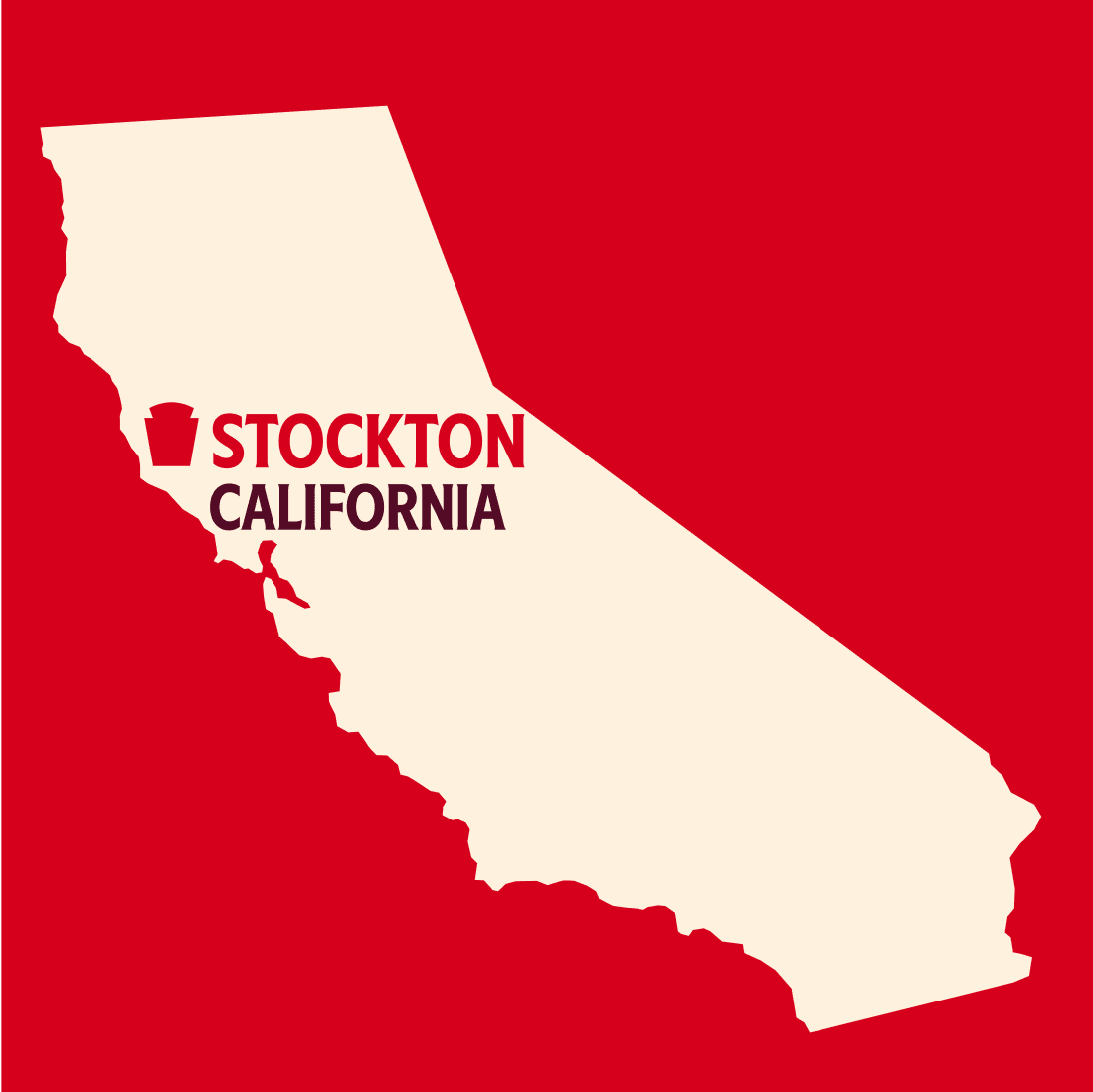 A simplified map of California, in off-white, stands out against a vibrant red background. The text "STOCKTON, CALIFORNIA" clearly identifies the highlighted city, with a small building icon marking its approximate location on the map.