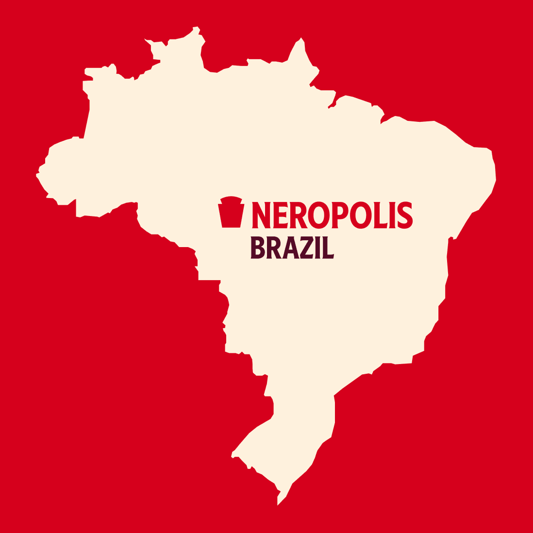 Against a vibrant red background, a simplified map of Brazil is displayed in off-white. The text "NERÓPOLIS, BRAZIL" clearly indicates the highlighted region, with a small, red building icon serving as a location marker for the city.