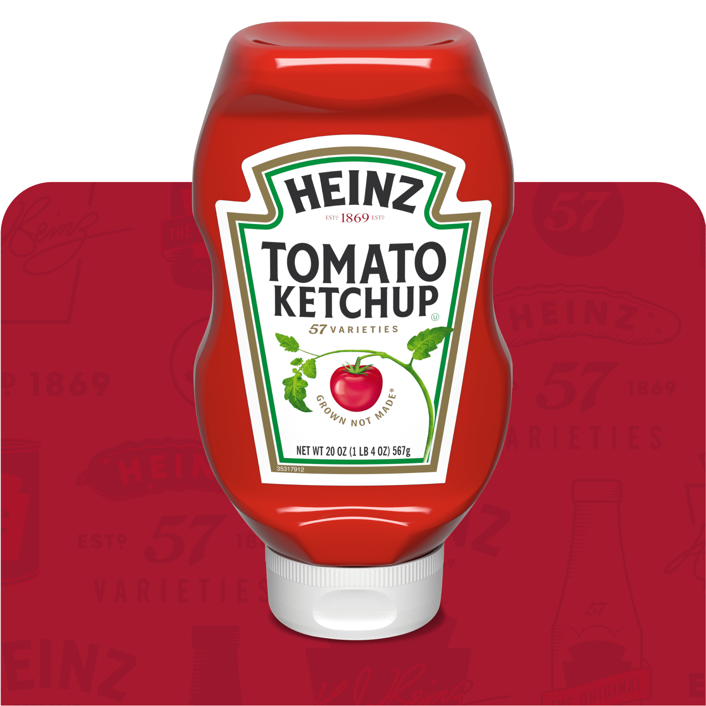 A classic bottle of Heinz Tomato Ketchup stands out against a deep red background, subtly patterned with the Heinz 57 logo and other brand elements. The bottle's label features the iconic Heinz logo and "Tomato Ketchup," emphasizing the product's simple, recognizable ingredients.