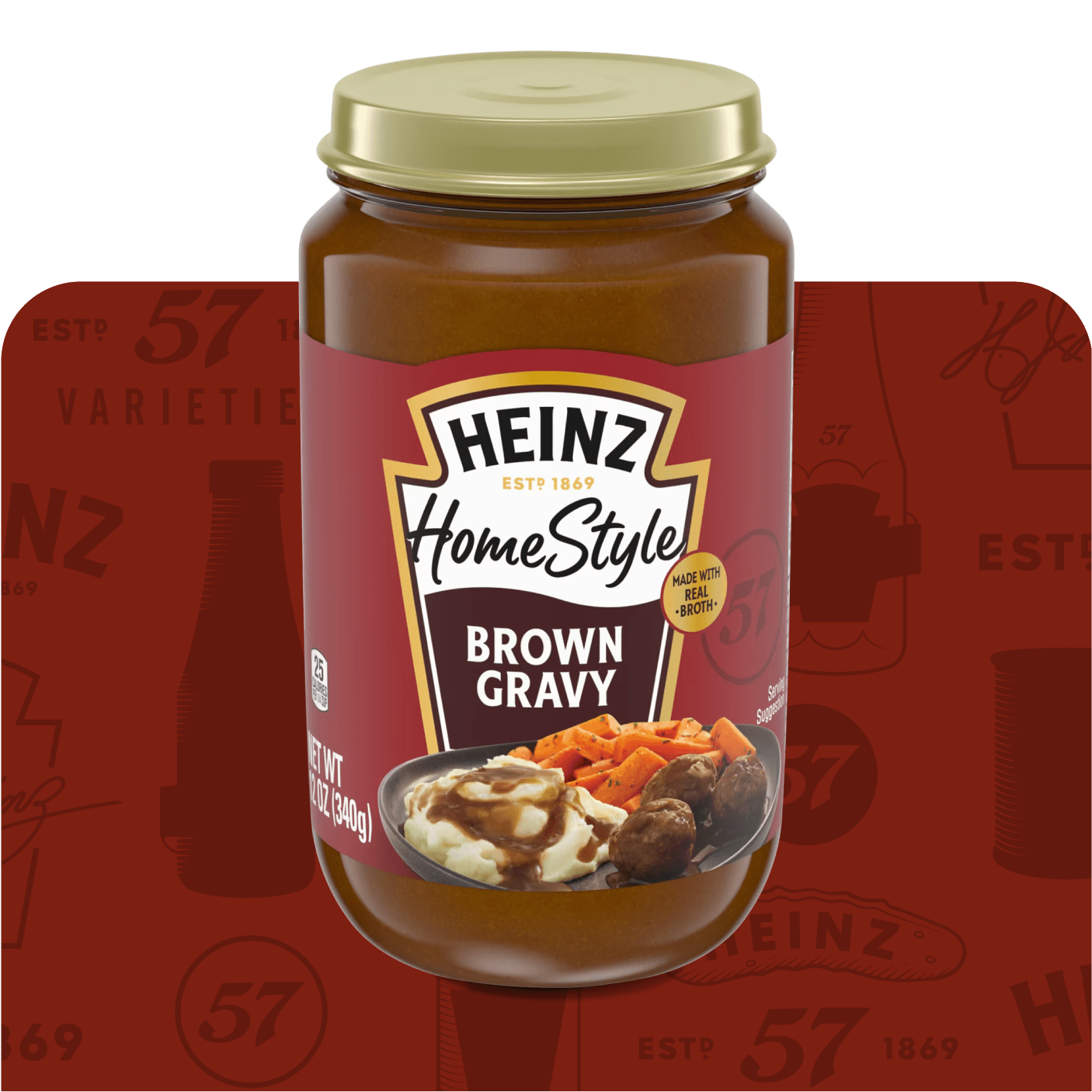 A jar of Heinz Homestyle Brown Gravy sits against a rich, dark red background, subtly patterned with elements of the Heinz 57 logo. The jar's label clearly displays the Heinz logo, "Homestyle" and "Brown Gravy," along with a serving suggestion featuring mashed potatoes, roasted carrots, and meatballs.