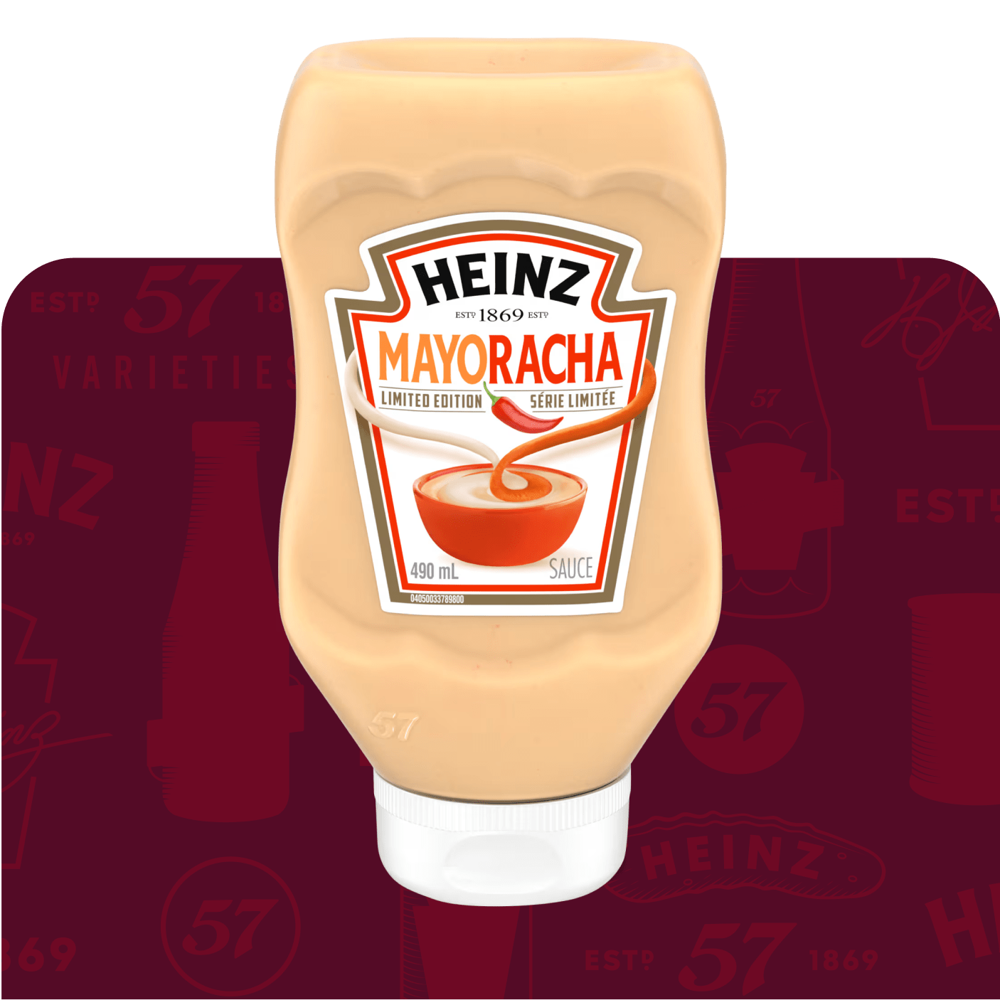 A bottle of Heinz Mayoracha Sauce on a background with Heinz branding.