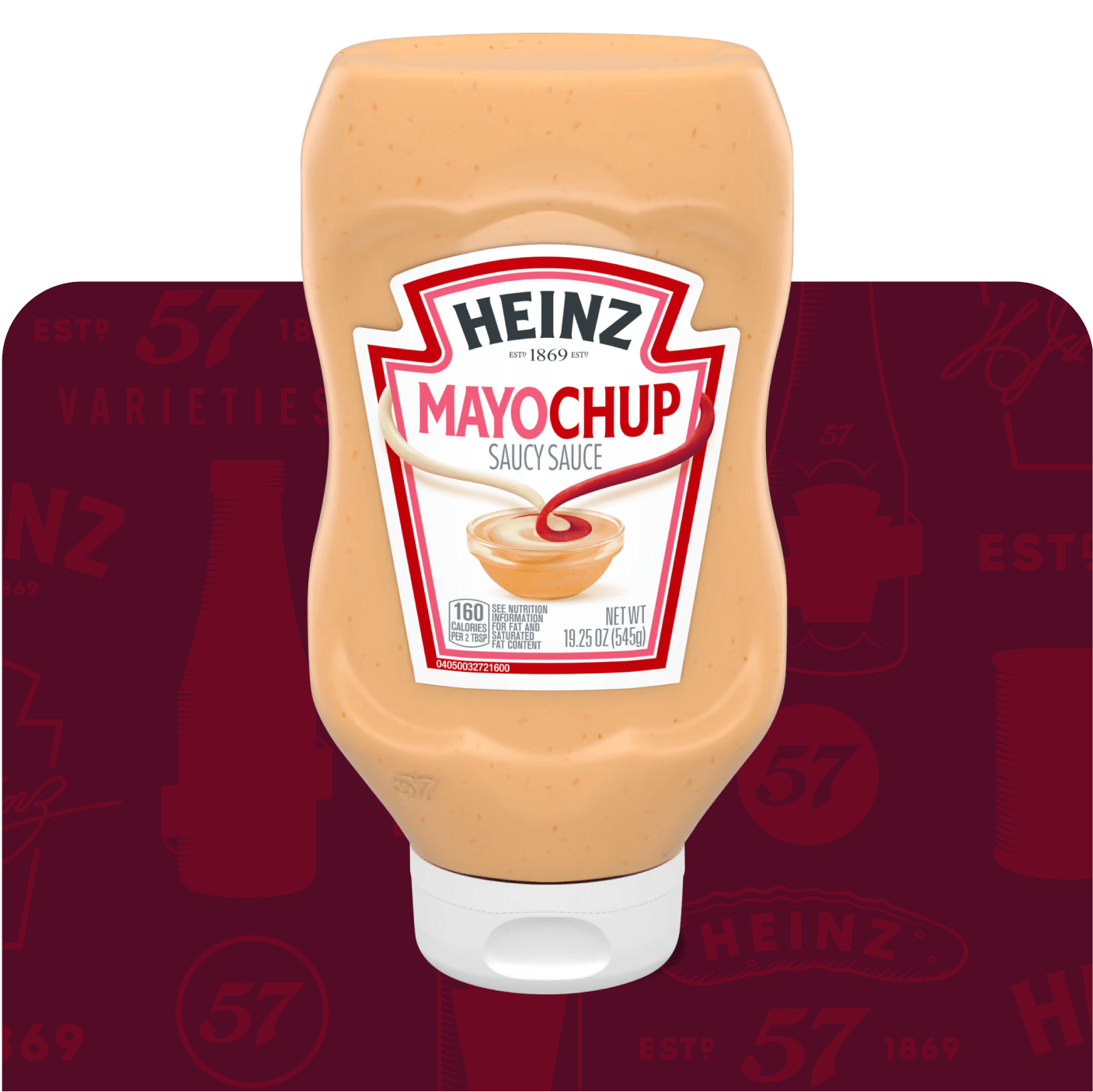 A bottle of Heinz Mayochup saucy sauce stands out against a deep red background, accented with fainter outlines of the Heinz 57 logo and other brand elements. The bottle's label features the classic Heinz logo and "Mayochup" name in a bold, simple style. A small image of the sauce being poured into a dish is also visible, emphasizing the product's texture and color.